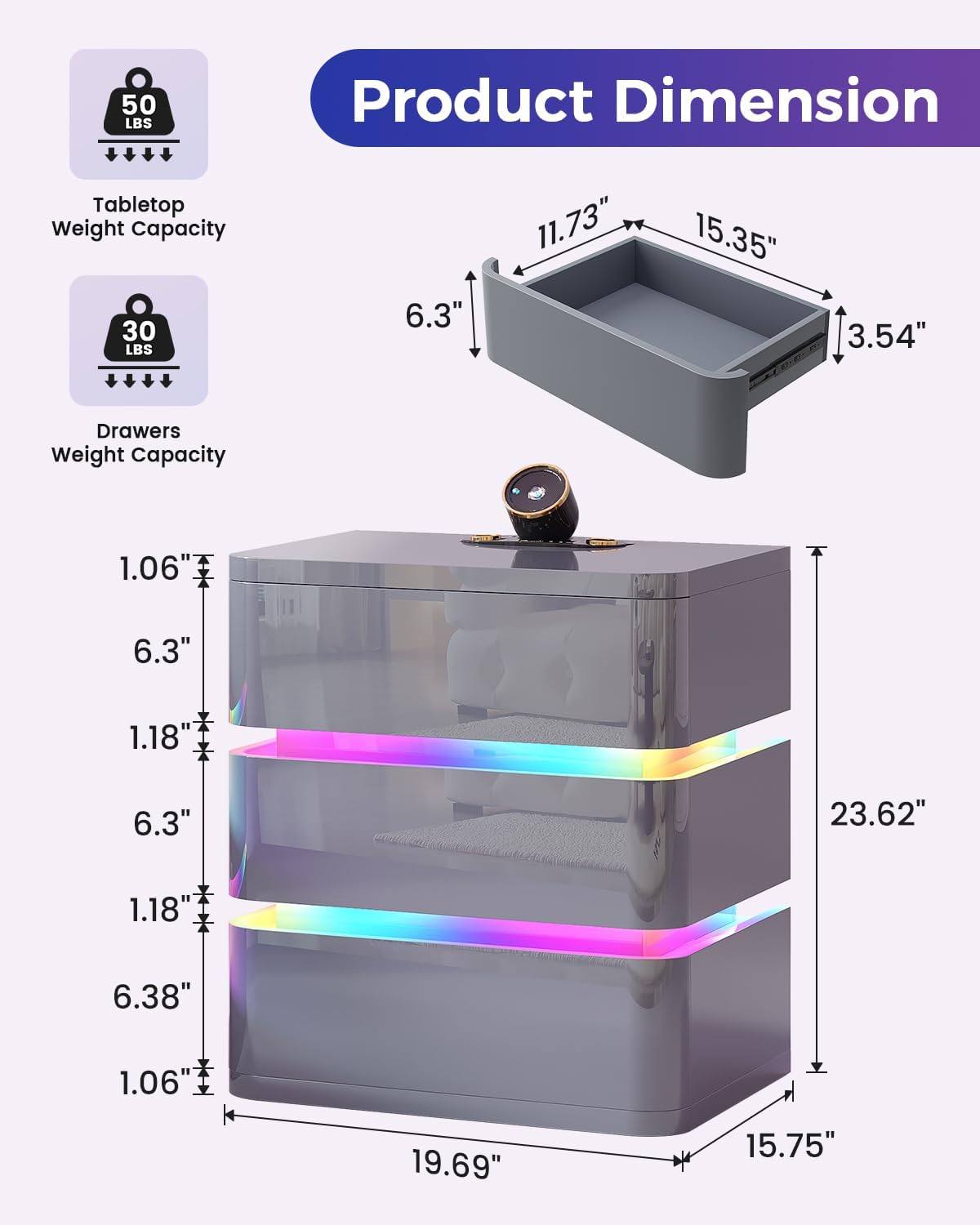 Dystler Night Stand with Charging Station and RGB Lights, Fully Assembled LED Nightstand with Galaxy Projector, 3 Drawers Bedside Table with Hidden Storage for Bedroom (Gray)