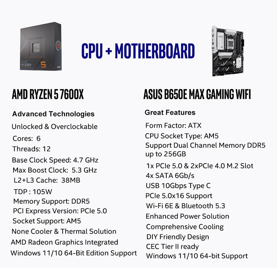 MICRO CENTER AMD Ryzen 5 7600X CPU Processor Bundle with ASUS B650E MAX Gaming WiFi AM5 ATX Motherboard (DDR5, PCIe 5.0, 3X M.2, Wi-Fi 6E)