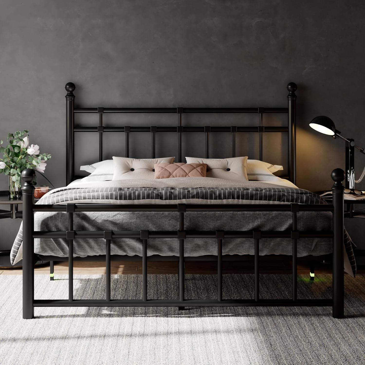 Feonase Queen Metal Platform Bed Frame with Victorian Classic Iron-Art Headboard & Footboard, Steel Slats Support, 12