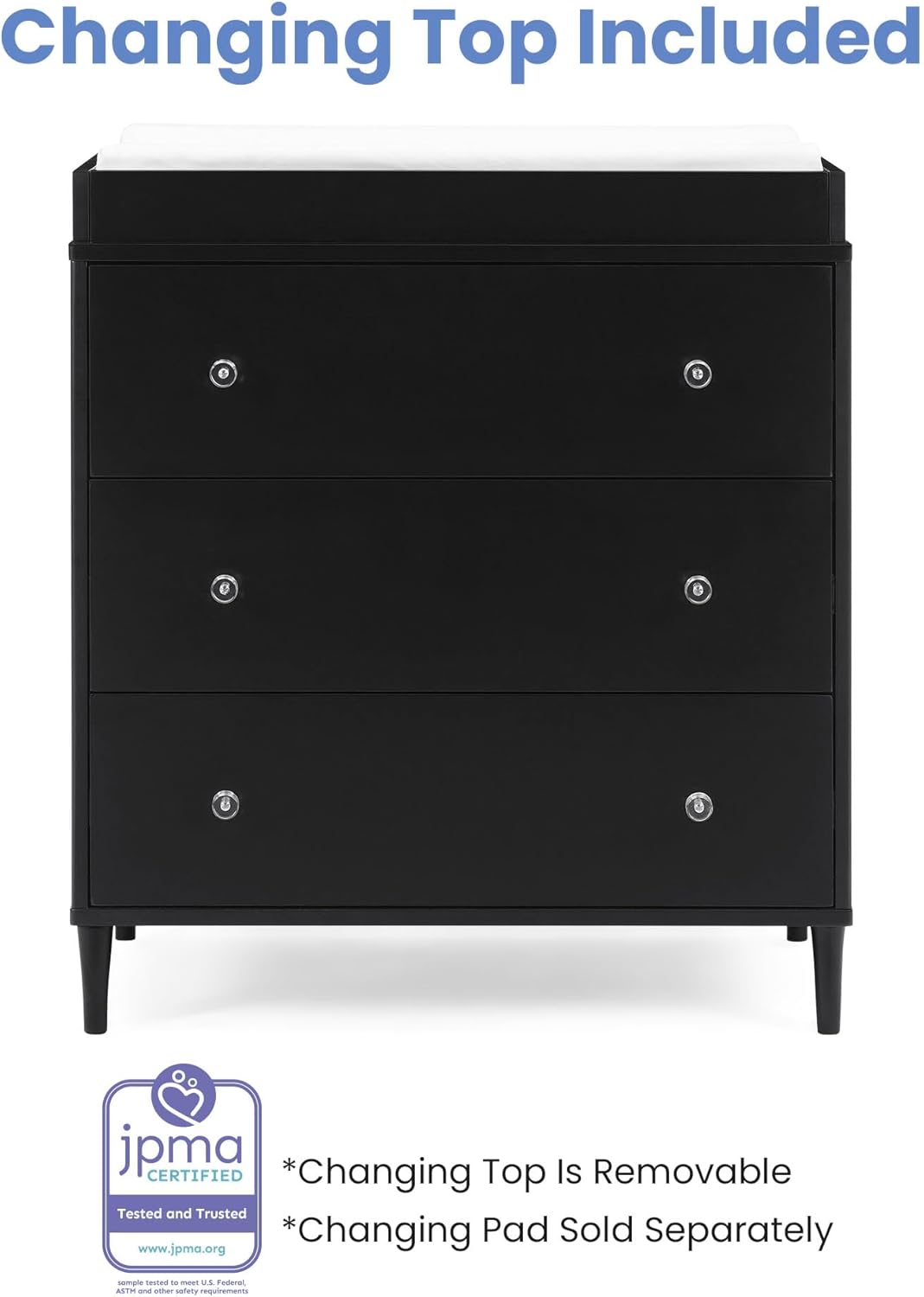 Delta Children Bowie 3 Drawer Dresser with Changing Top, Black Ebony