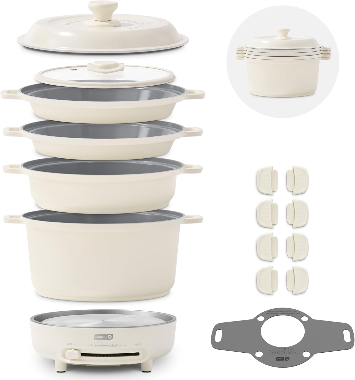 Dash Stacks Stacking Cookware Set with Electric Burner - Features CleanCoating™ Ceramic Nonstick Coating - Versatile, Nestable Pieces - Convenient Storage - Cream, 16-Piece
