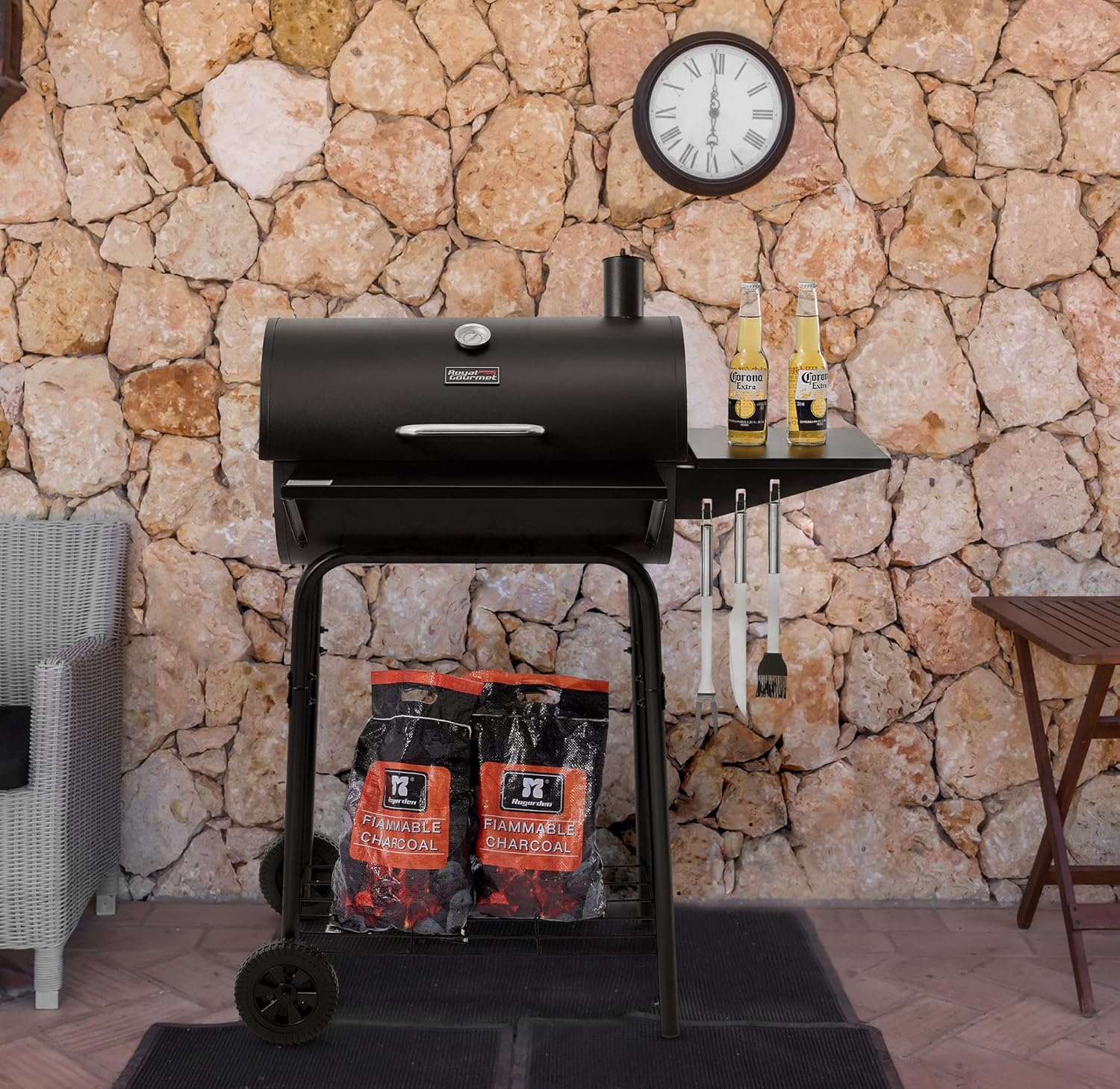 Royal Gourmet CC1624 Barrel Charcoal Grill, Large Charcoal Grill with Side & Front Shelves, 426 sq. in. Cooking Grid, Sturdy Side Shelf with Hooks, for Outdoor Backyard and Picnics, Black
