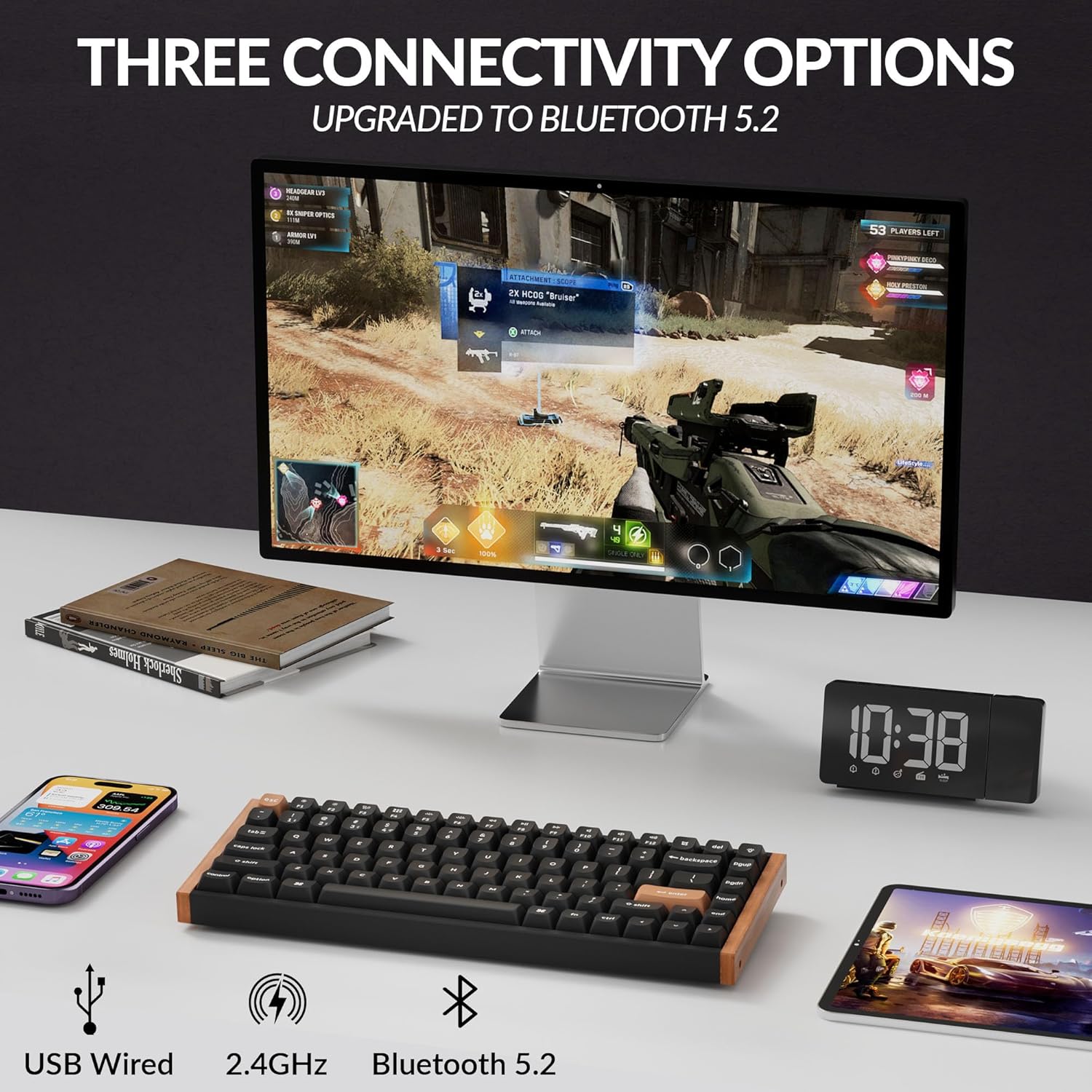 Keychron K2 HE Rapid Trigger Wireless Custom Keyboard with Hall Effect Gateron Double-Rail Magnetic Switch, QMK 2.4 GHz Bluetooth 5.2 RGB Compatible with Mac Windows Linux (Aluminum + Wood)