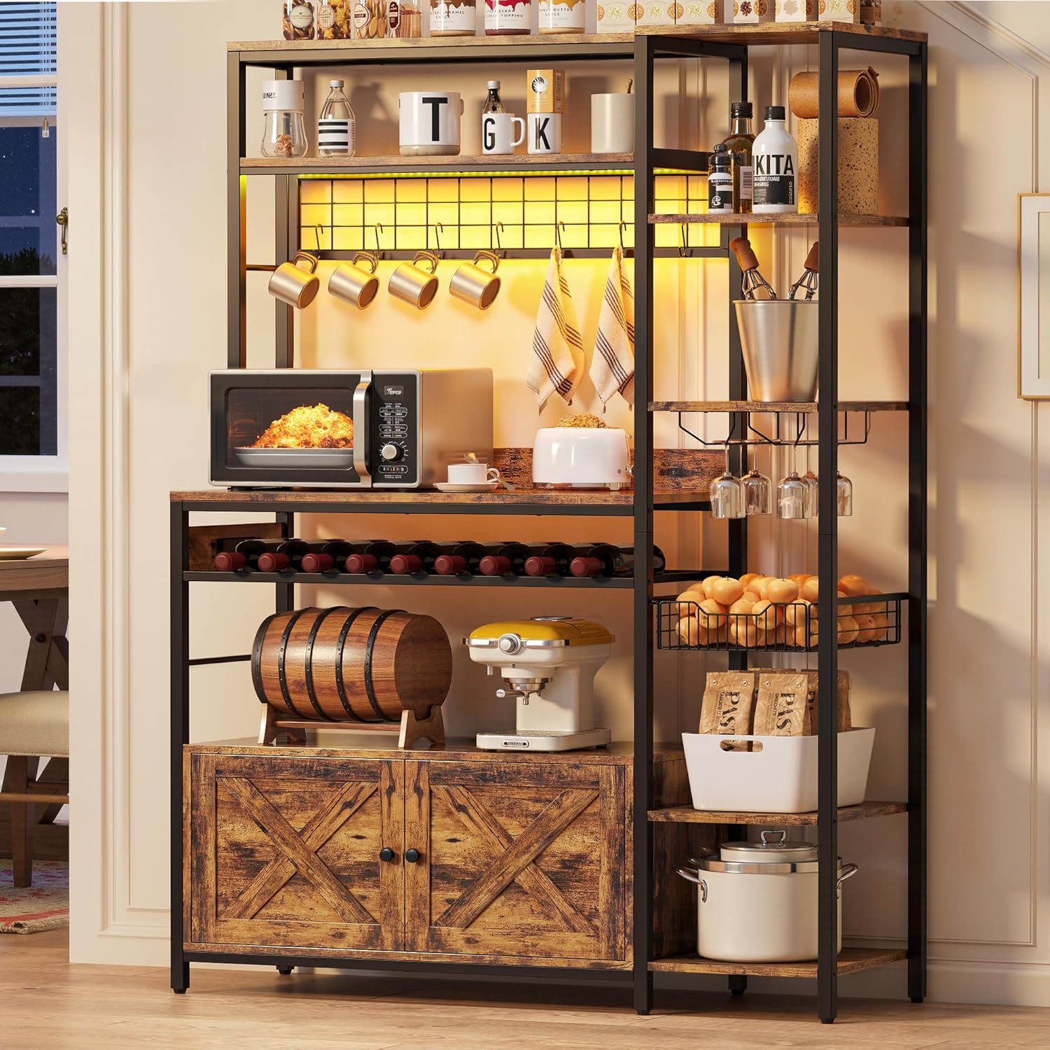 IRONCK Bakers Rack with Power Outlet, Kitchen Microwave Stand with Storage Cabinet, 47.24 Inch Coffee Bar Cabinet, Kitchen Racks with Shelves, LED Light, Globlet Holder and Wine Basket, Vintage Brown