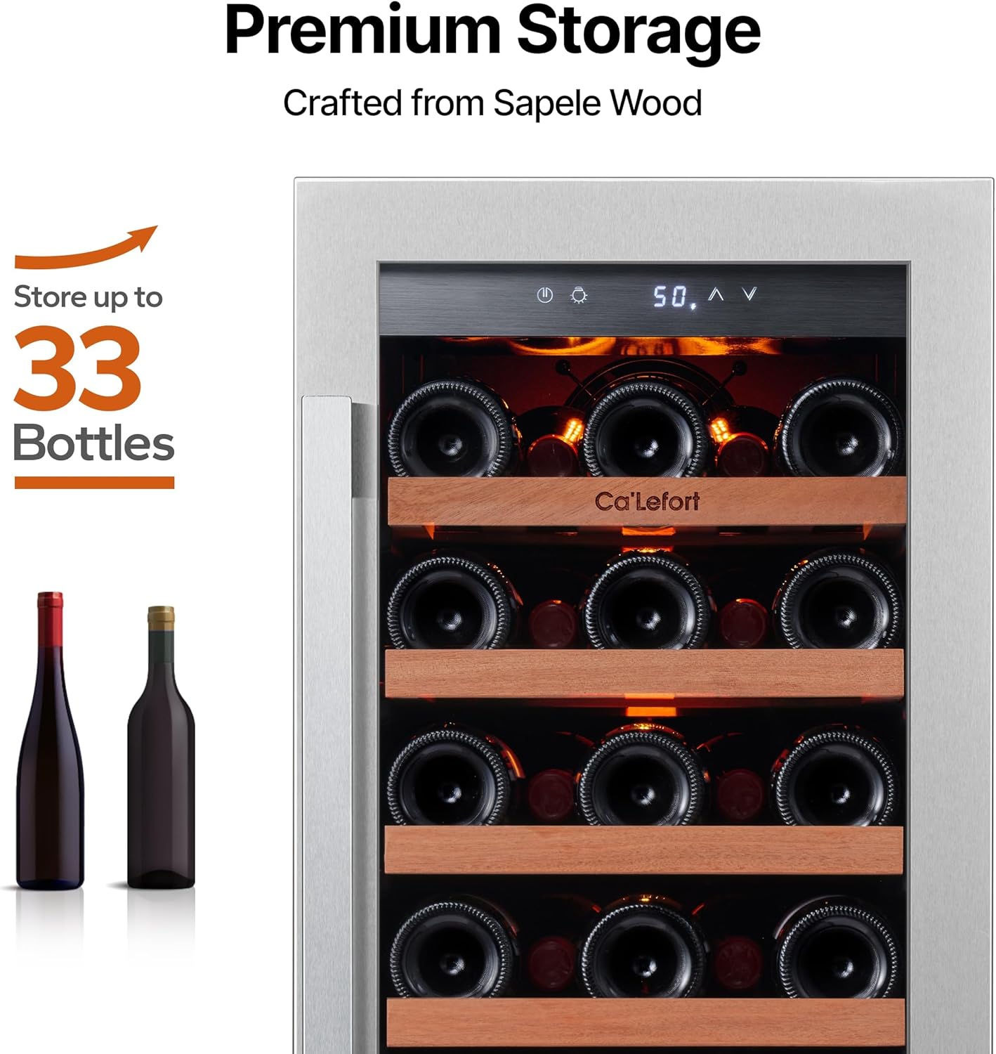 Ca'Lefort 15 Inch Wine Fridge, 33 Bottle Wine Cooler Refrigerator, 40-65°F Wine Refrigerator Glass Door, 3 LED Wine Fridge, Built-in or Freestanding Fridge for Home/Bar/Kitchen (3.0 cu.ft)