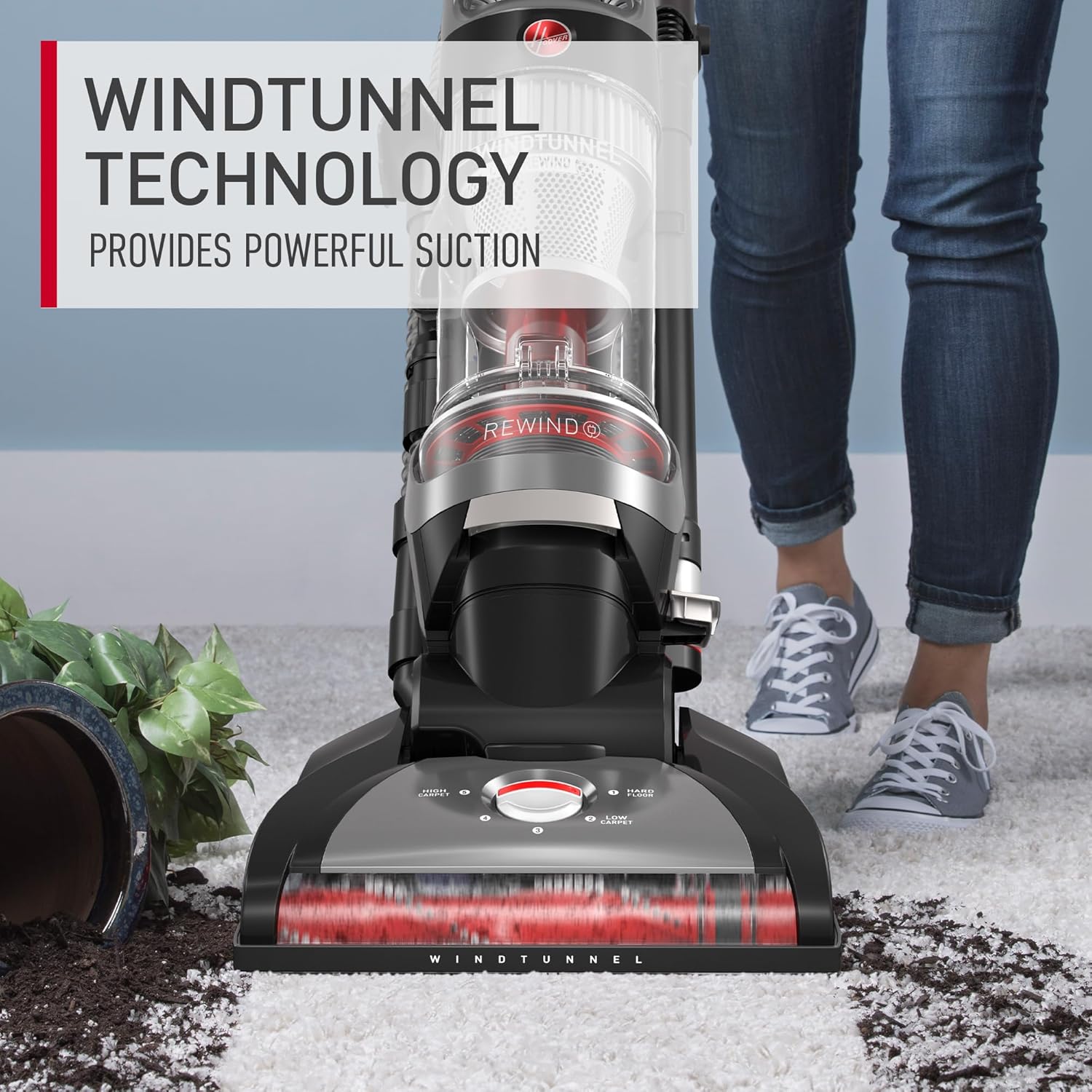 Hoover WindTunnel Cord Rewind Pro Bagless Vacuum Cleaner, Corded Upright Vacuum Cleaner for Carpet and Hard Floor, Multi-Cyclonic Filtration, 25ft Auto-Rewind Cord, 5-Height Adjustment