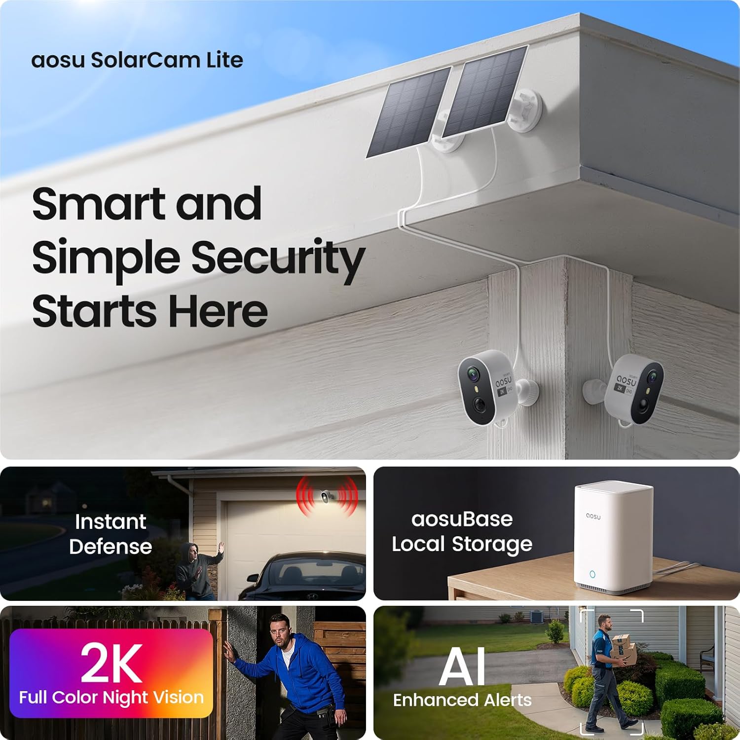 aosu Solar Security Cameras Wireless Outdoor Home System, True 2K HD, Cross-Camera Tracking, PIR + AI Human Detection, Color Night Vision, Local Storage, No Subscription Required, 4-Cam-Kit
