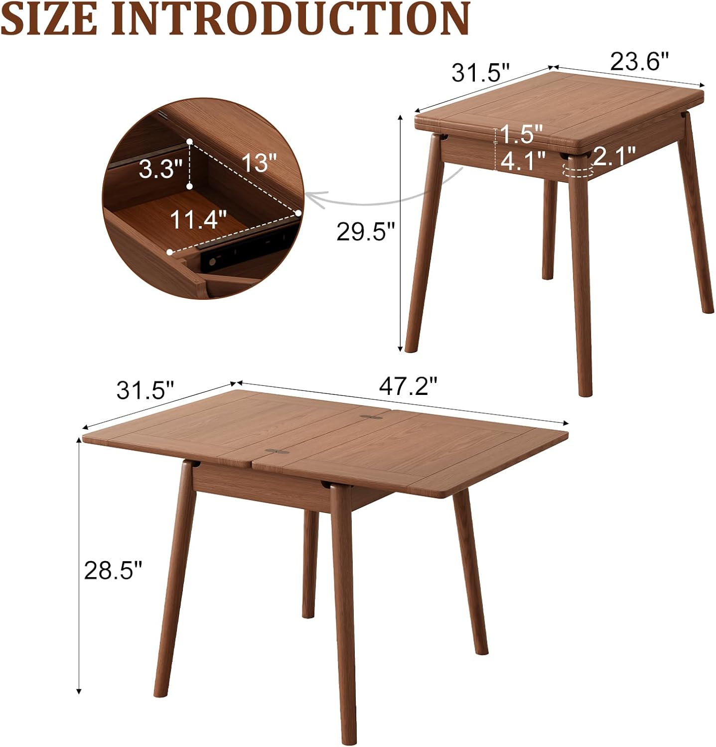 Solid Wood Small Dining Table for 2-6, 23.6