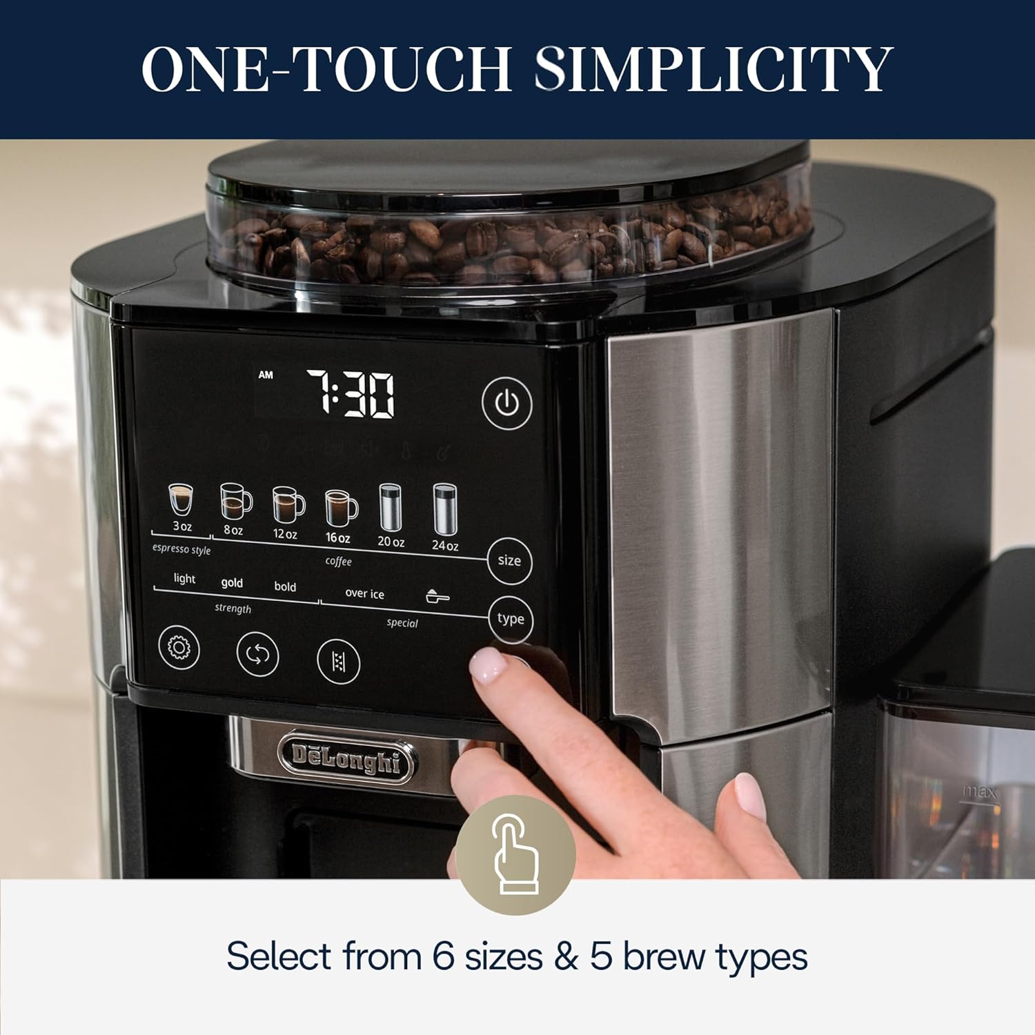 De'Longhi True Brew Drip Coffee Maker, Built in Grinder, Single Serve, 8 oz to 24 oz, Hot or Iced Coffee, Stainless, CAM51025MB (Renewed)