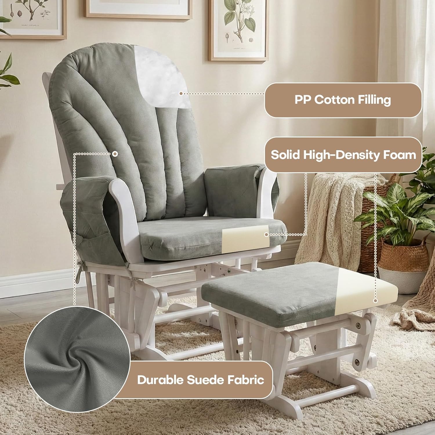 Krychiler 5PCS Glider Rocker Replacement Cushions, Thickened Suede Rocking Chair Cushion Set with Storage Pockets & 29.5 Inch High Backrest, Soft Glider Cushion for Nursery Indoor, Gray