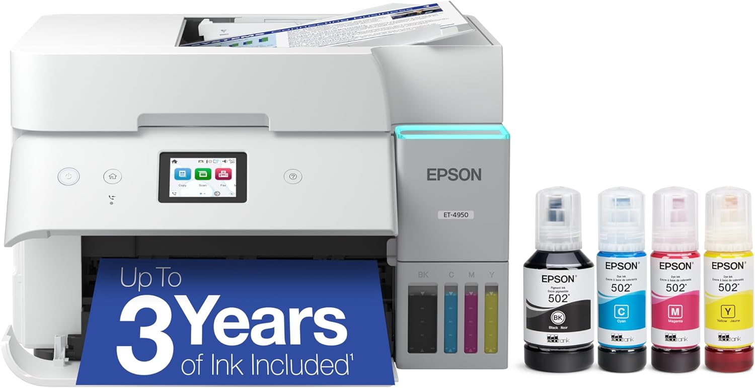 Epson EcoTank ET-4950 Wireless All-in-One Color Supertank Printer with up to 3 Years of Ink Refillable Tanks, Perfect for Office, 18 PPM, 2.4