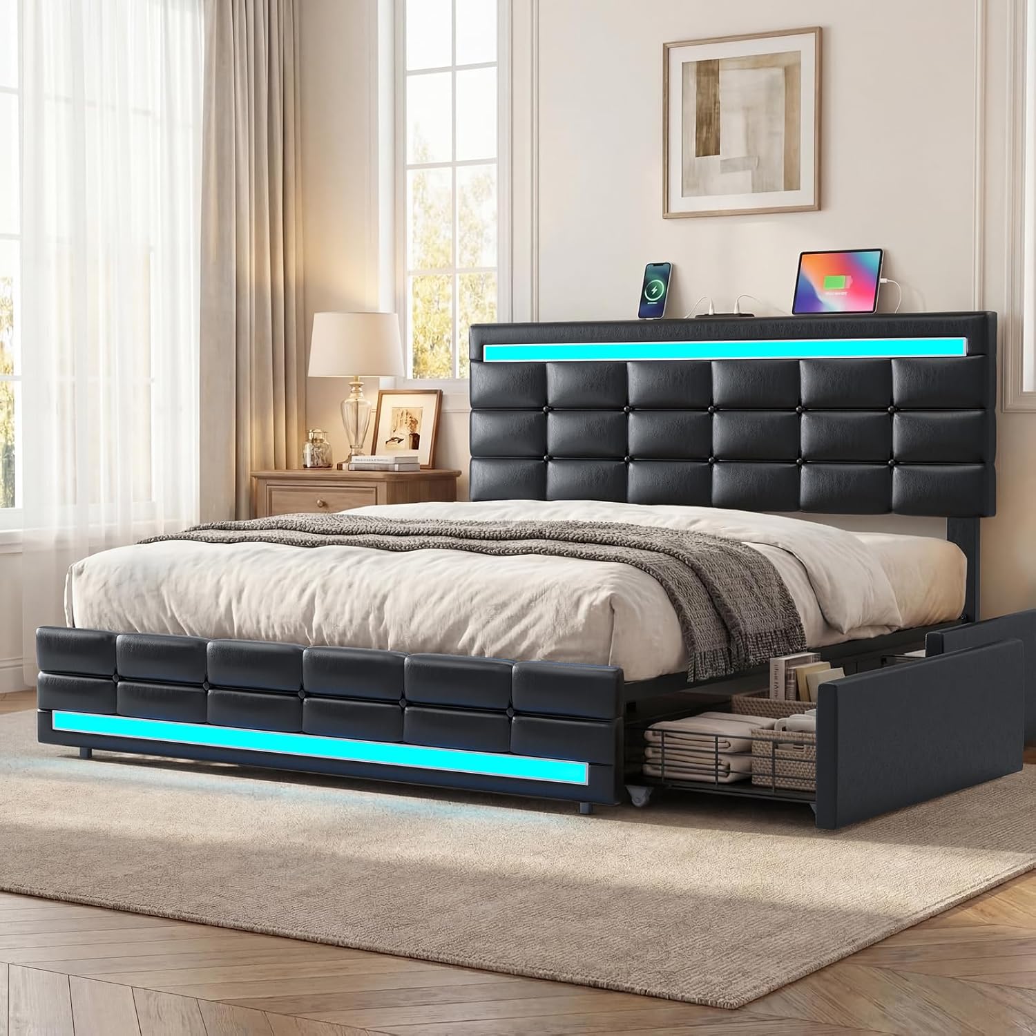 ADORNEVE Full Size Bed Frame with Storage Drawers, LED Lights Headboard Footboard, Upholstered Leather Platform LED Bed Frame with 2 USB Potrs, No Box Spring Needed, Black