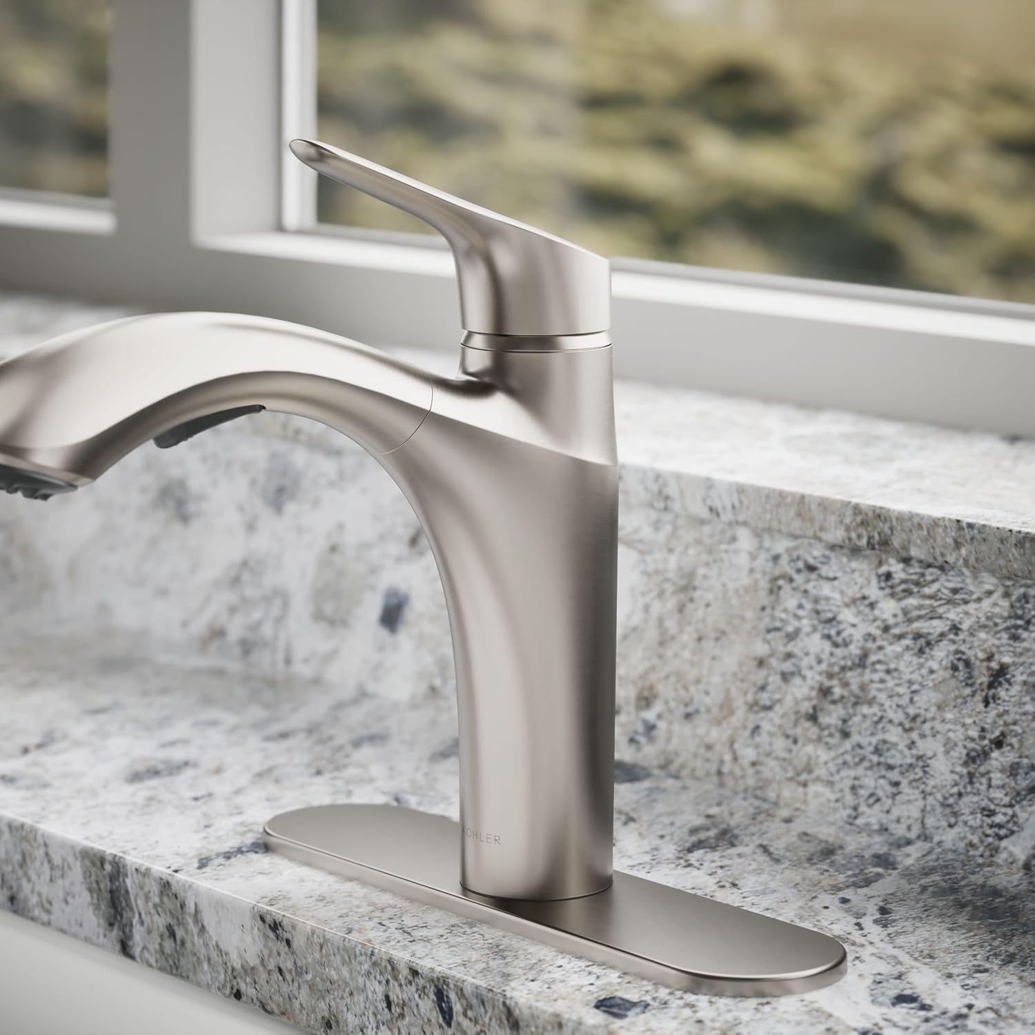 KOHLER 30468-VS Rival Single Handle Pull-Out Kitchen Sink Faucet, 1.5 GPM, High-Arch Swing Spout, Two-Function Sprayhead, Vibrant Stainless