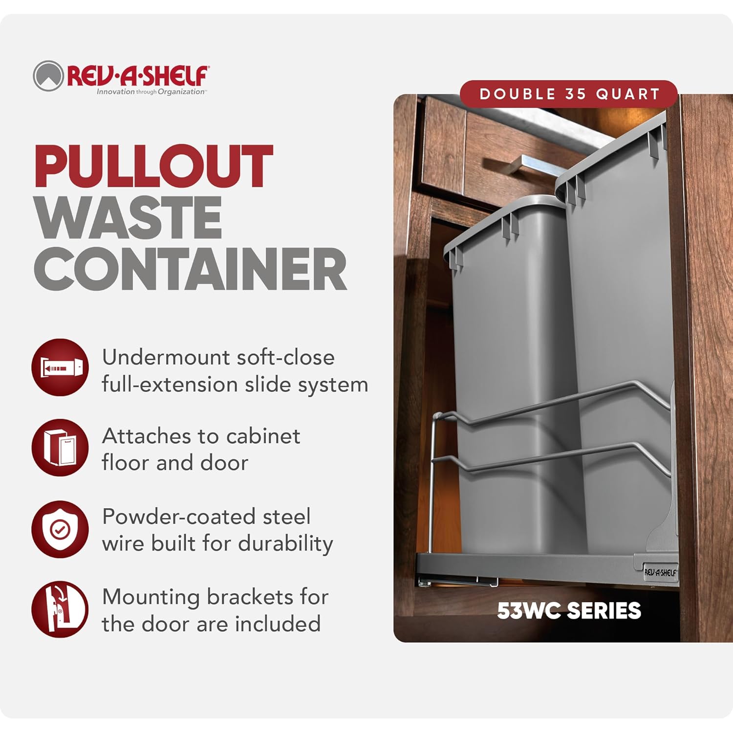 Rev-A-Shelf Double 35 Qt Pullout Trash Cans with Soft-Close for Under Kitchen Cabinets, Min Opening Width of 14.5