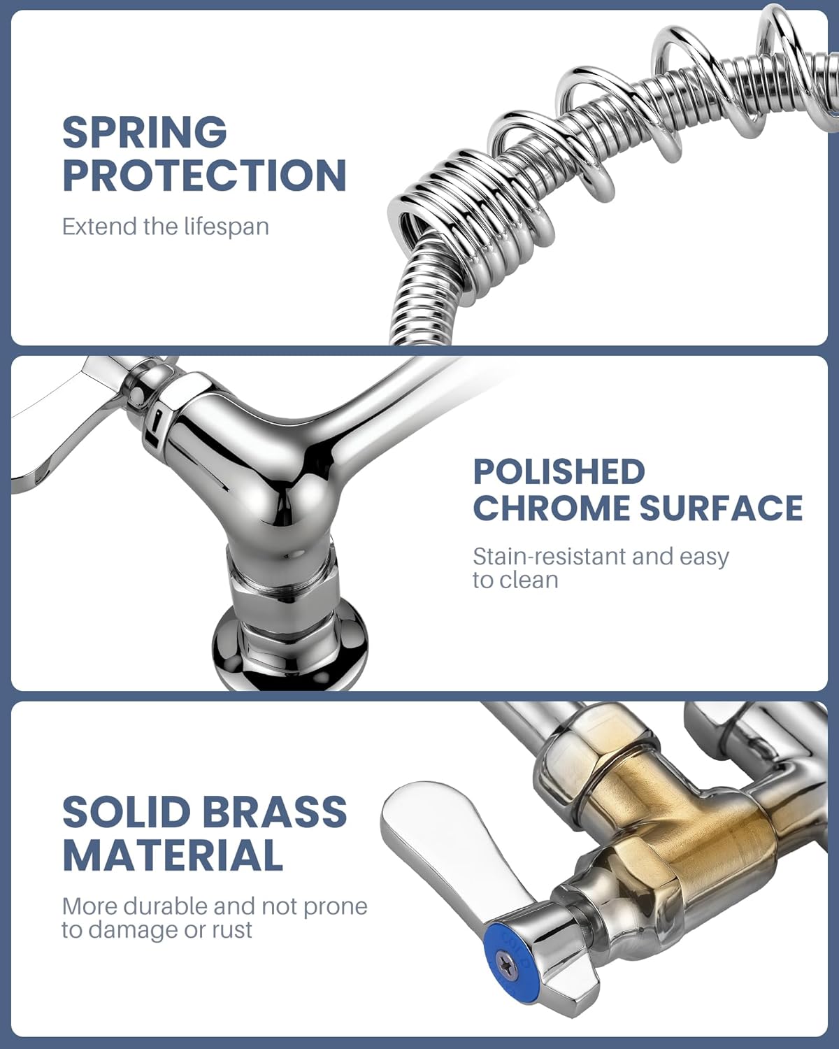 Commercial Kitchen Faucet Wall Mount with Pre-Rinse Sprayer 8 Inch Center Wall Mount Kitchen Sink Faucet with 9.6