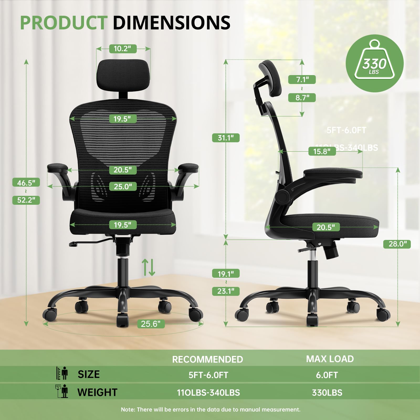 SYNORLA Ergonomic Desk Chair - 330LBS Capacity, High Back