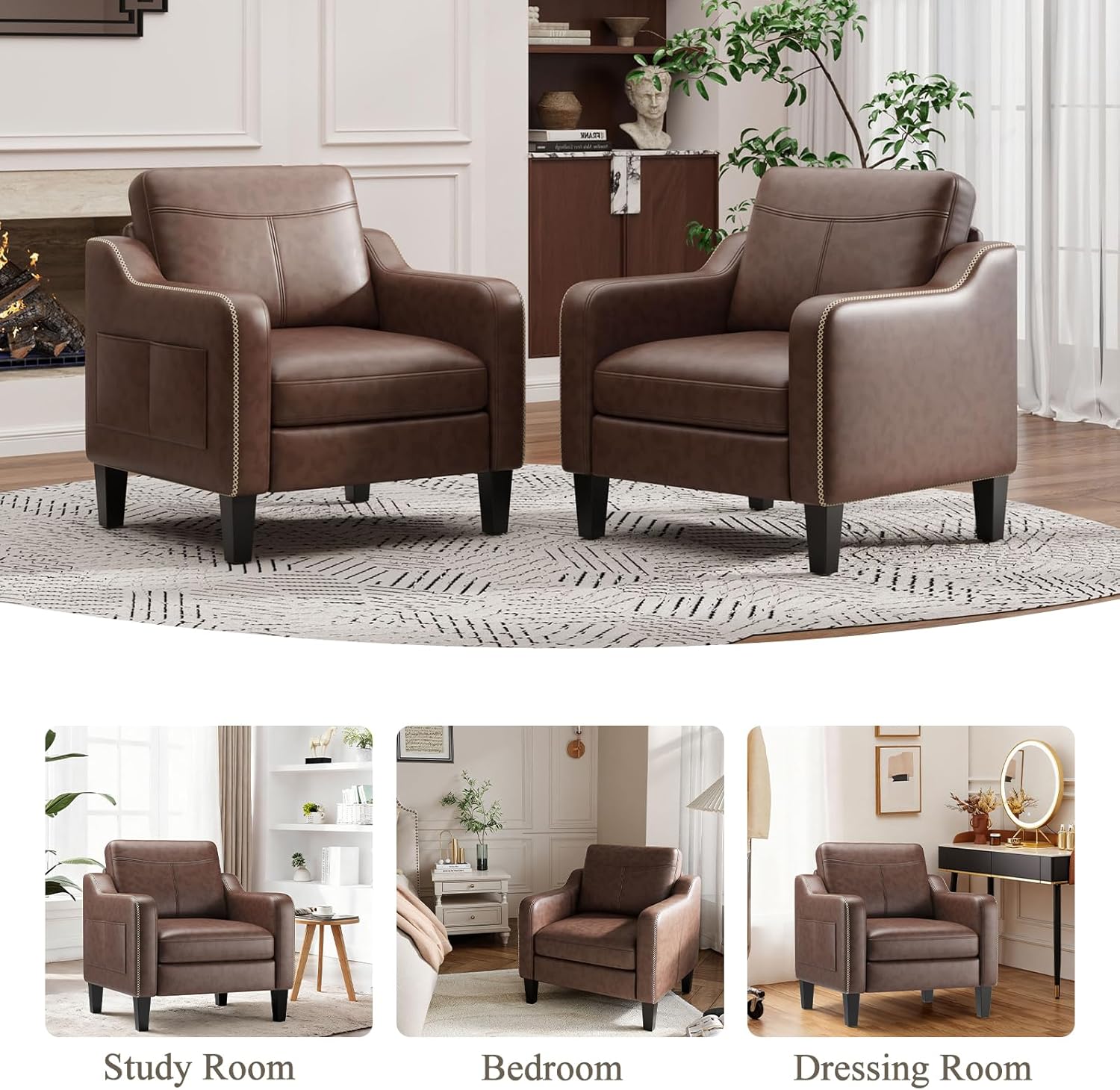 MALOL PU Leather Accent Chair Set of 2, Mid-Century Modern Living Room Armchair Sofa with Removable Cushions & Stitched Armrest Design, Bedroom Chair with Plastic Legs, Chocolate Brown