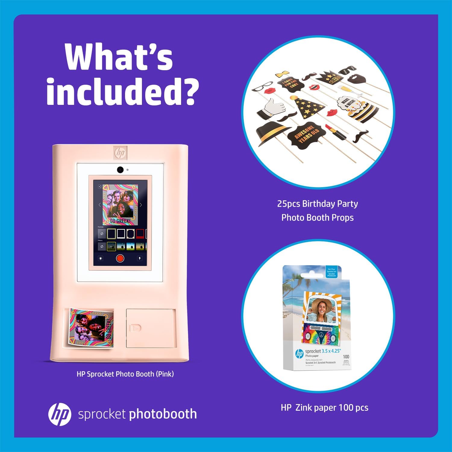 HP Sprocket Photo Booth Machine Instant Color Photo Printer (Pink) + Zink Paper (100 Sheets) + Birthday Party Photo Booth Props (25pc)