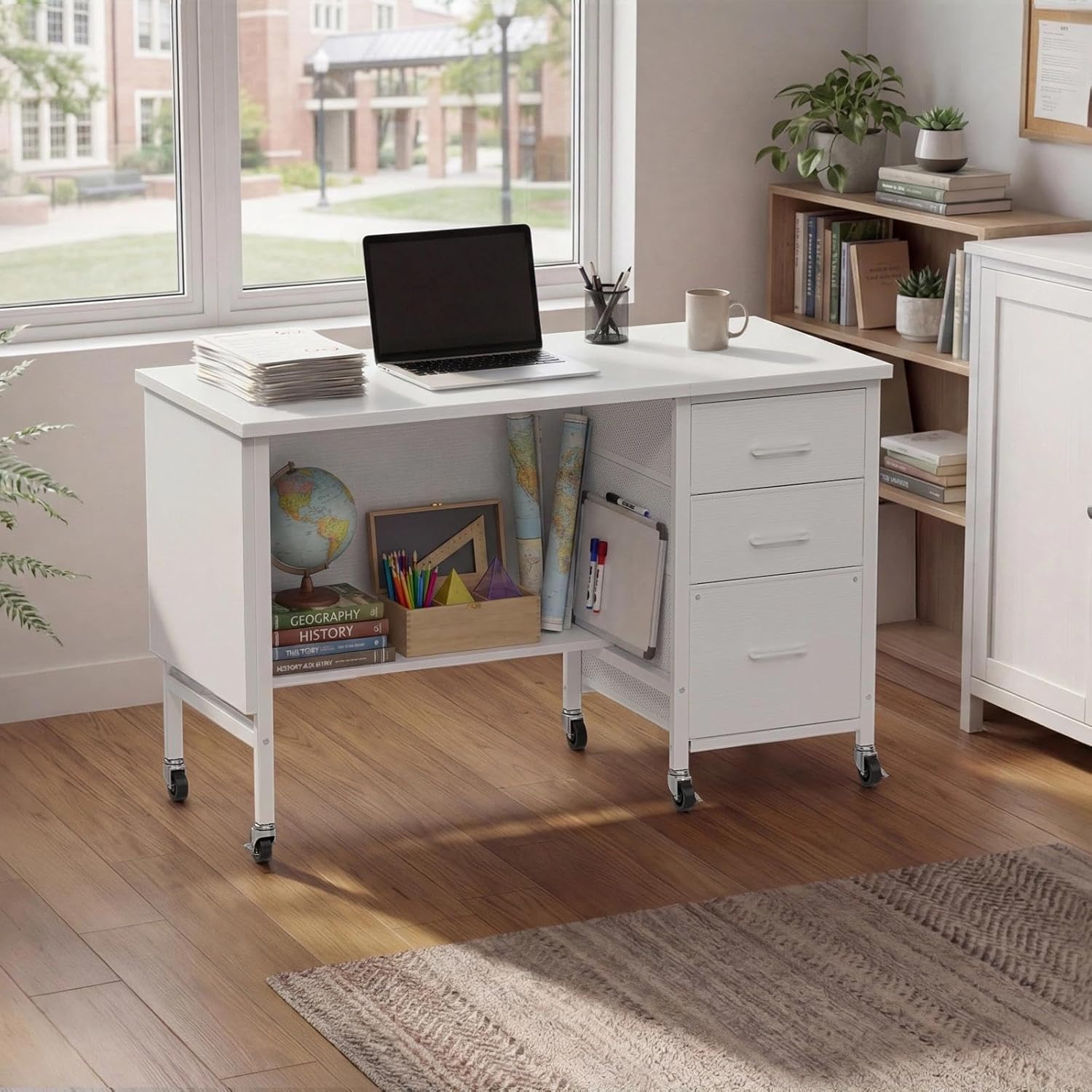 WINAZ Rolling Teacher Desk with File Drawers - 47 Inch Mobile Computer Desk with Privacy Panels & 3 Storage Drawers on Wheels, White Office Desks Workstation for Classroom & Home Office