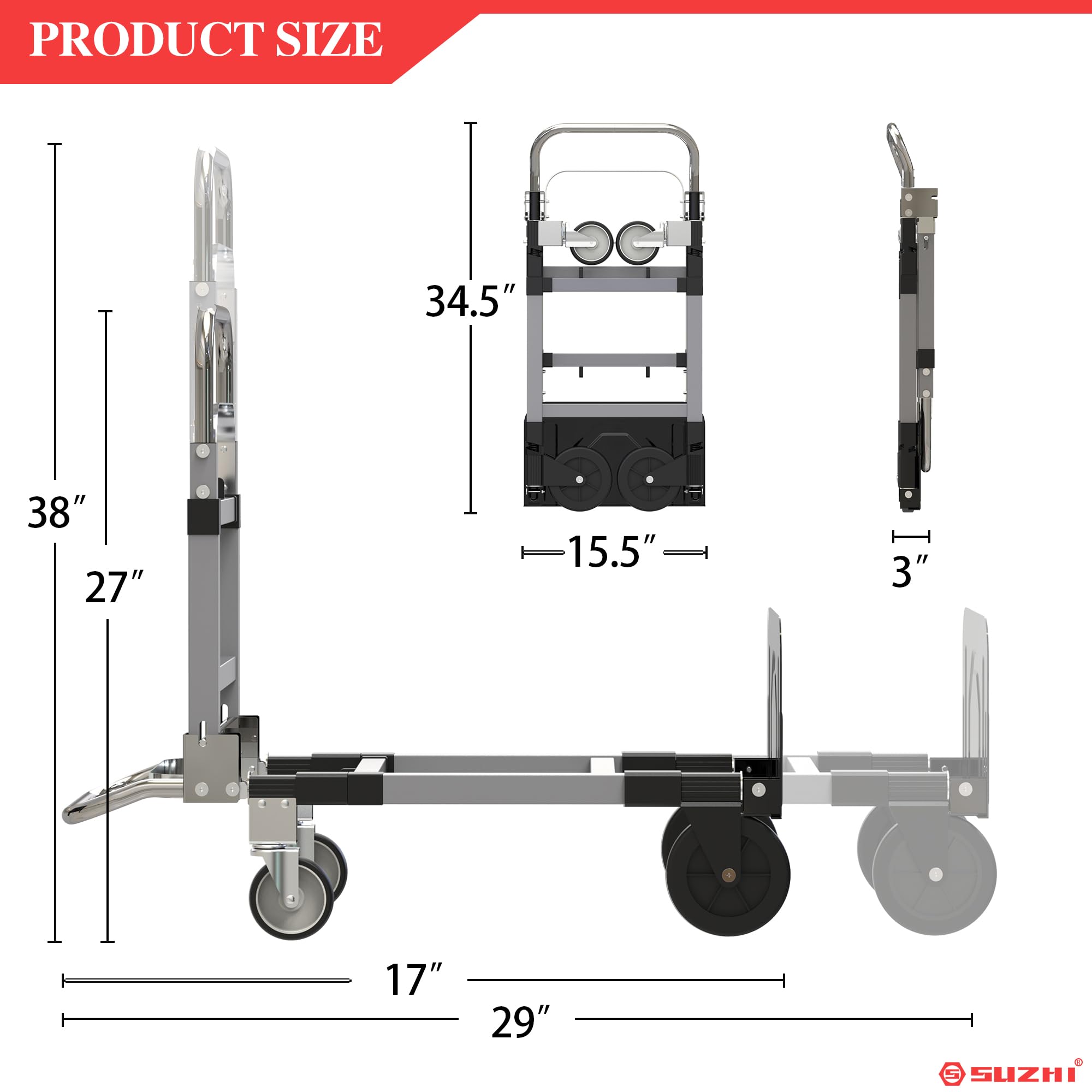 SUZHI 3-in-1 Convertible Hand Truck Dolly Cart, 500 lbs