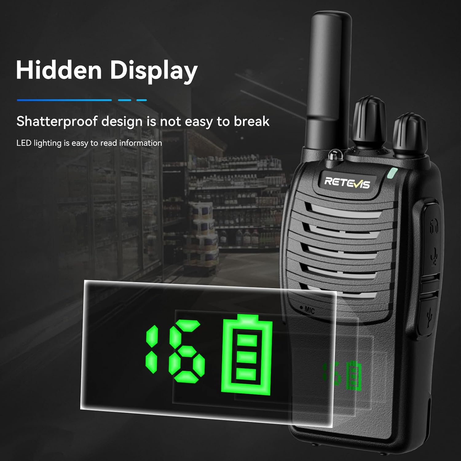Retevis H-777H Walkie-Talkies with 6 Way Gang Charger,2 Way Radios with Earpiece,Hidden LED Segment Displays,Flashlight,USB-C,VOX,Portable FRS Two-Way Radios for Retail Property Church Hotel(6 Pack)