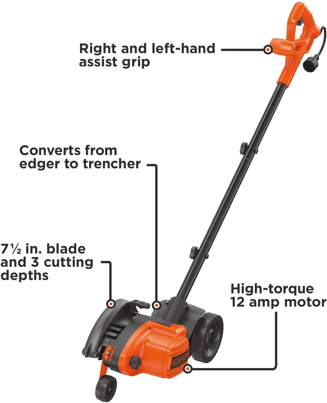 BLACK+DECKER Lawn Edger Trencher 2 in 1, 12 Amp 7.5 in. Electric Edger Lawn Tool for Landscaping and Trench Digger, 3 Height Settings, Corded (LE760FF)