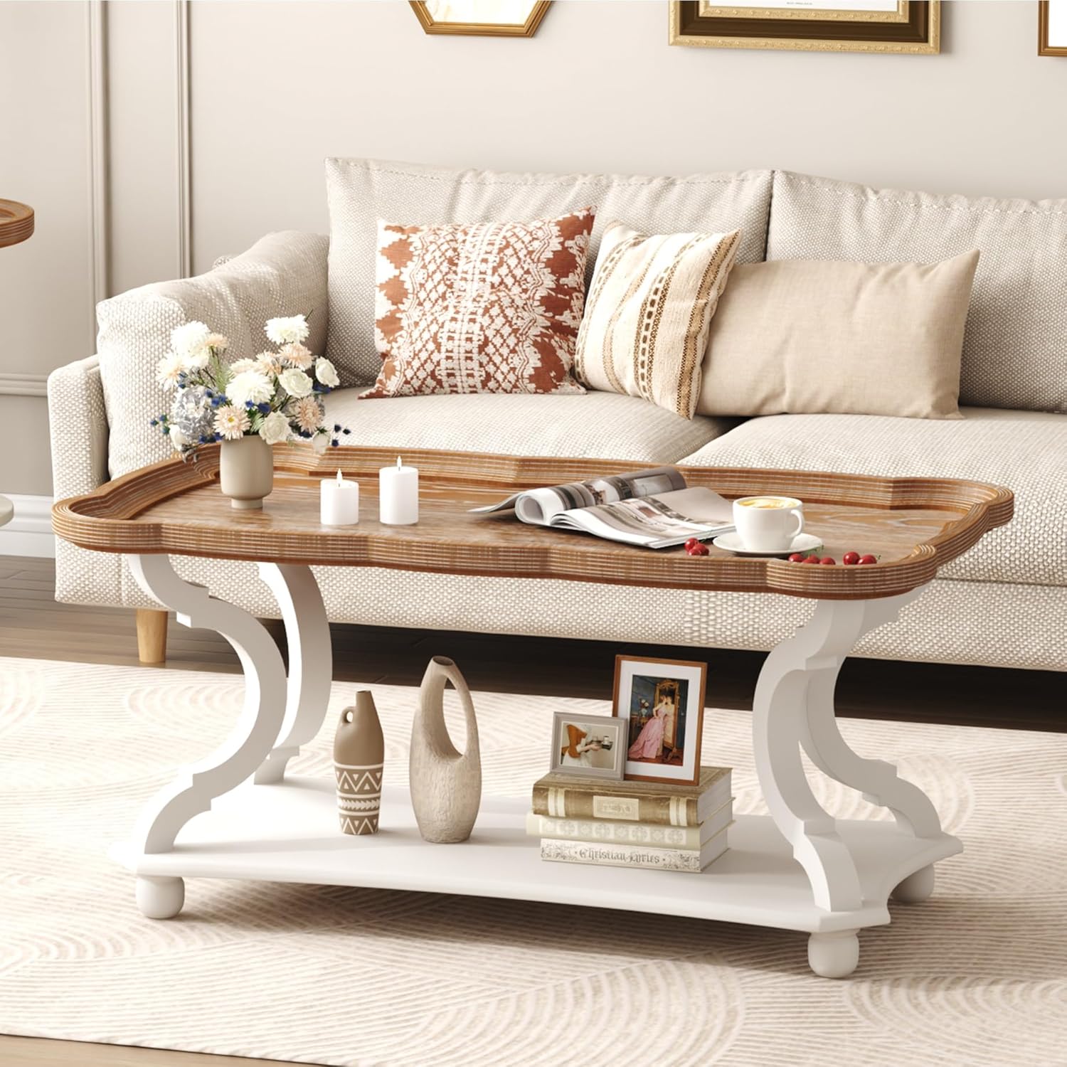 Function Home Farmhouse Coffee Table, 2-Tier Center Table with Storage Shelf, 39.8