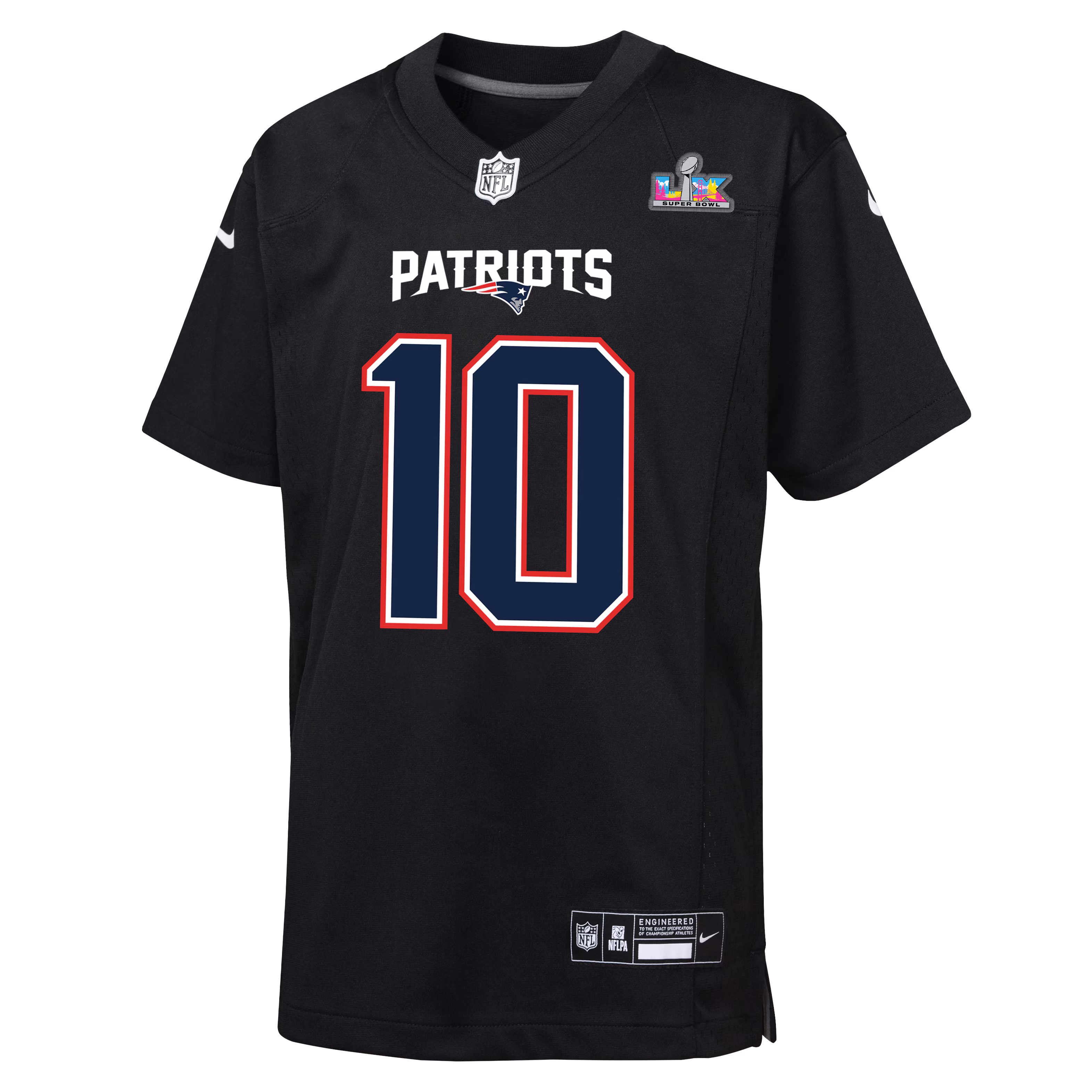 Drake Maye New England Patriots Nike Youth Super Bowl LX Patch Carbon Fashion Game Jersey - Black