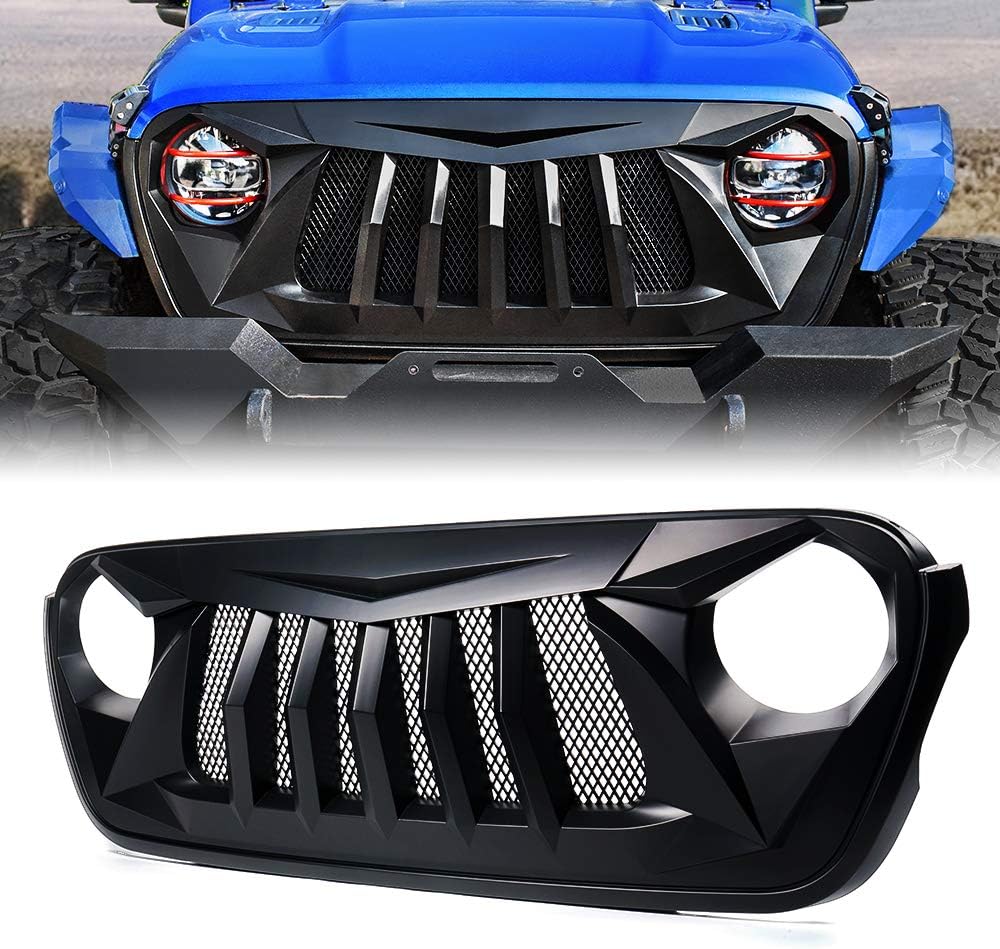 Xprite Matte Black Front Grille Grid Grill w/Mesh Compatible with 2018-2021 Jeep Wrangler JL JT - Black Widow Series