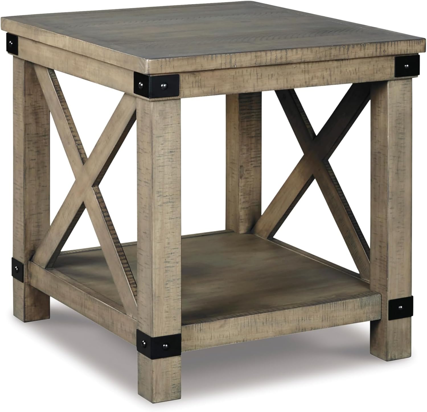 Signature Design by Ashley Aldwin Casual Farmhouse Rectangular End Table with Crossbuck Details, Metal Bracket Accents, Wood, 25