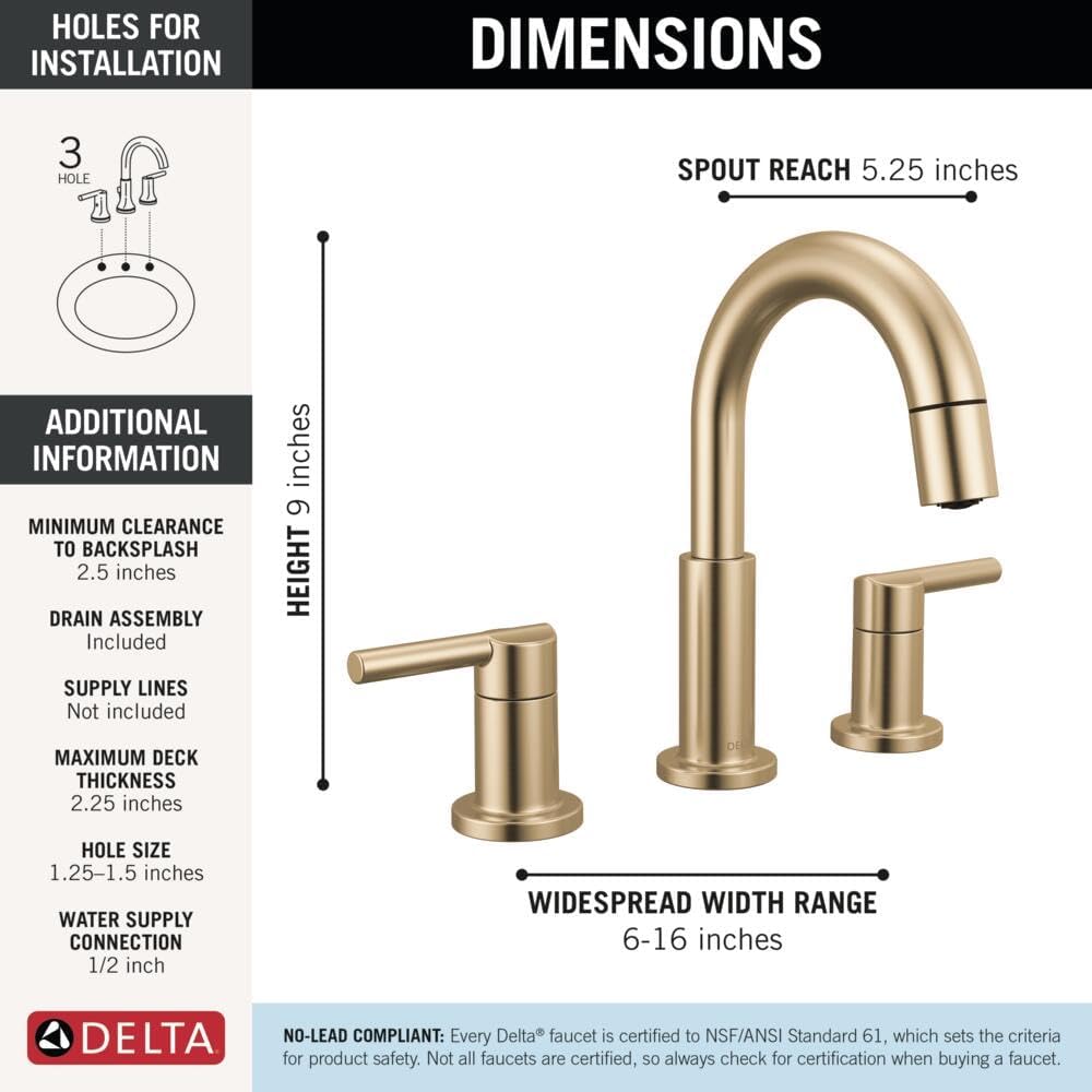 Delta Nicoli Brushed Gold Bathroom Faucet with Sprayer, 8 Inch 3 Hole Widespread Bathroom Sink Faucet with Pull Out Sprayer, Push-Pop Drain, Champagne Bronze 35749LF-CZPD