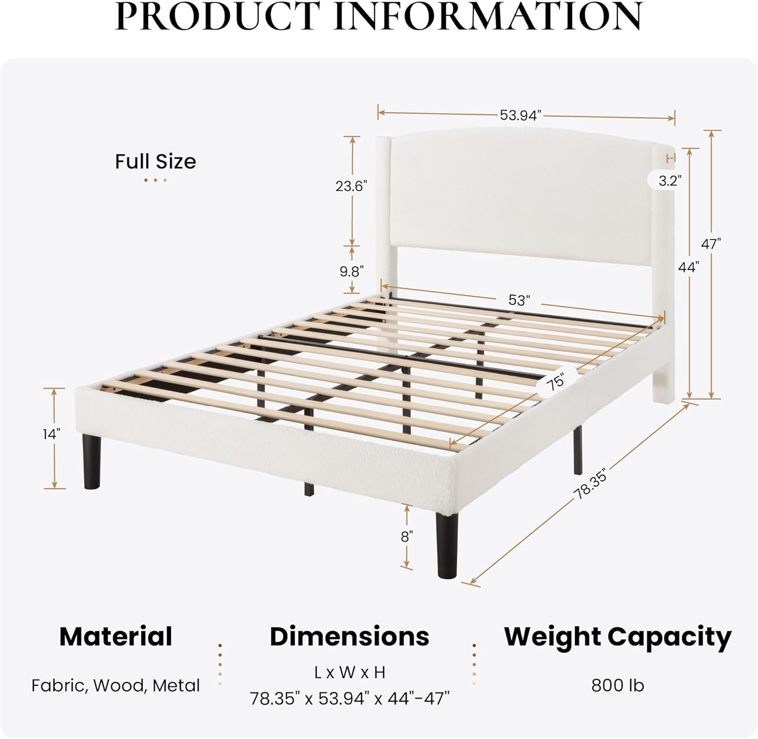 SHA CERLIN Full Size Bed Frame with Soft Teddy Fabric, Boucle Upholstered Platform Bed, Curved Headboard Design, Wooden Slats Support, Noise-Free, No Box Spring Needed, Easy Assembly, White