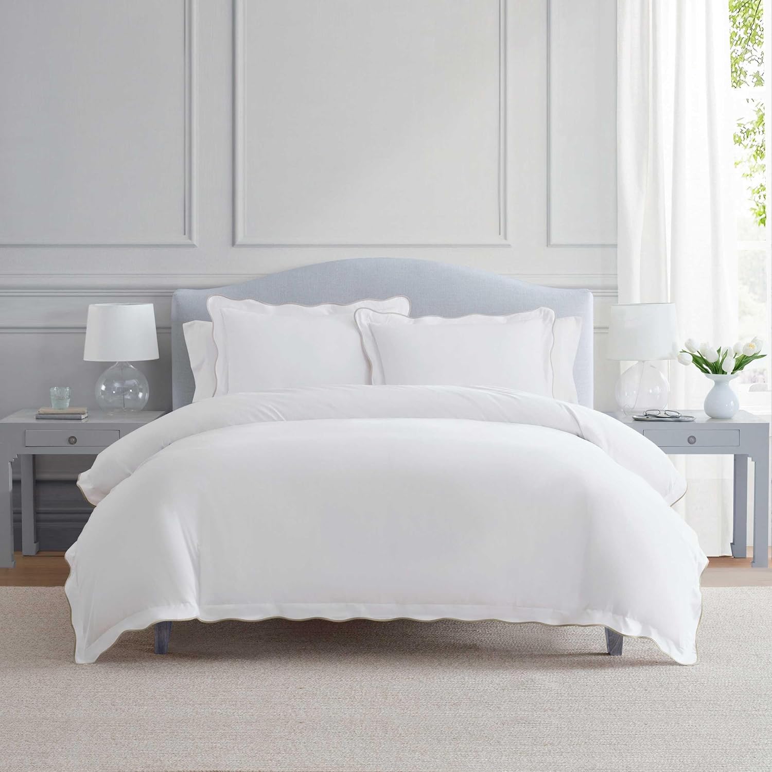 Martha Stewart - King Duvet Cover Set, 100% Soft Cotton Bed Set with a Smooth Cotton Percale Reverse, 3 Piece Bedding with Matching Pillowcases (Simple Scallop Beige)