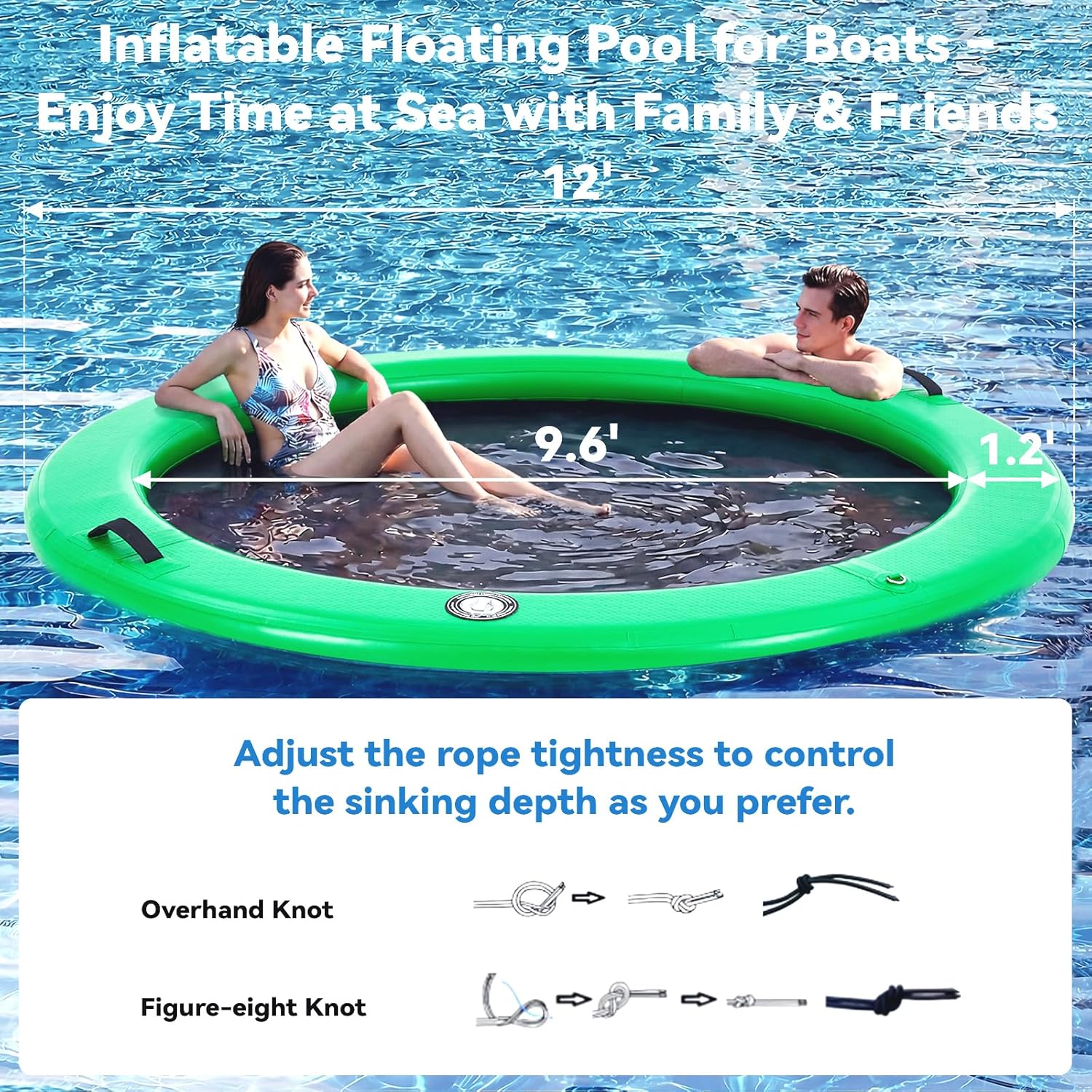 6-12FT Round Inflatable Floating Dock, Sunchill Float Ring, Water Hammock Tanning Pool Floats with Woven Fabric, Manual Pump for Quick Inflate/Deflate, Fits 2-8, Ideal for Lakes, Oceans