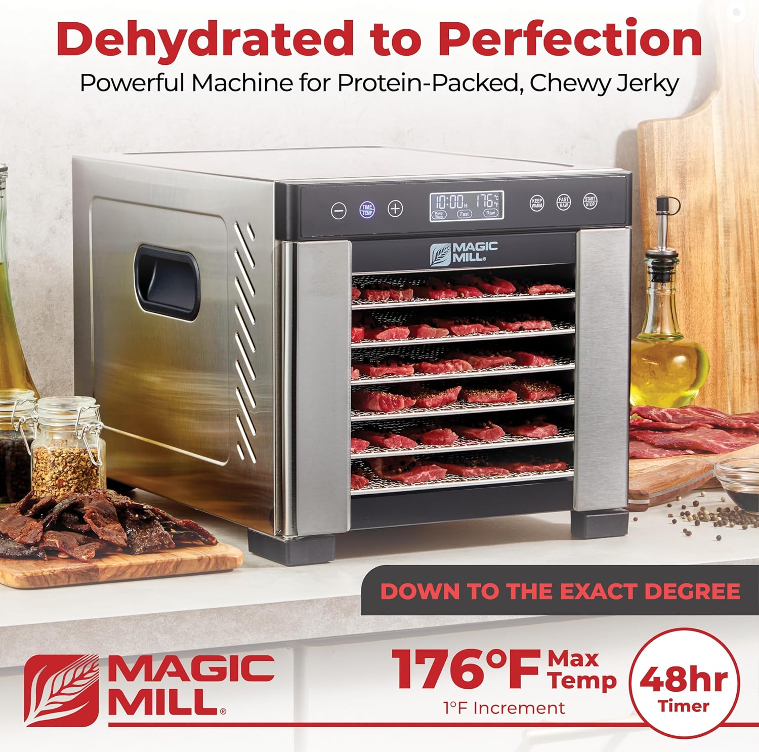 Magic Mill Pro Food Dehydrator Machine | Powerful 600W Rear Fan Even-Drying System | 7 Full-Size Stainless Steel Trays | 95°-176° Temperature Control, 48H Timer, Keep Warm + Auto Shutoff | ETL Listed