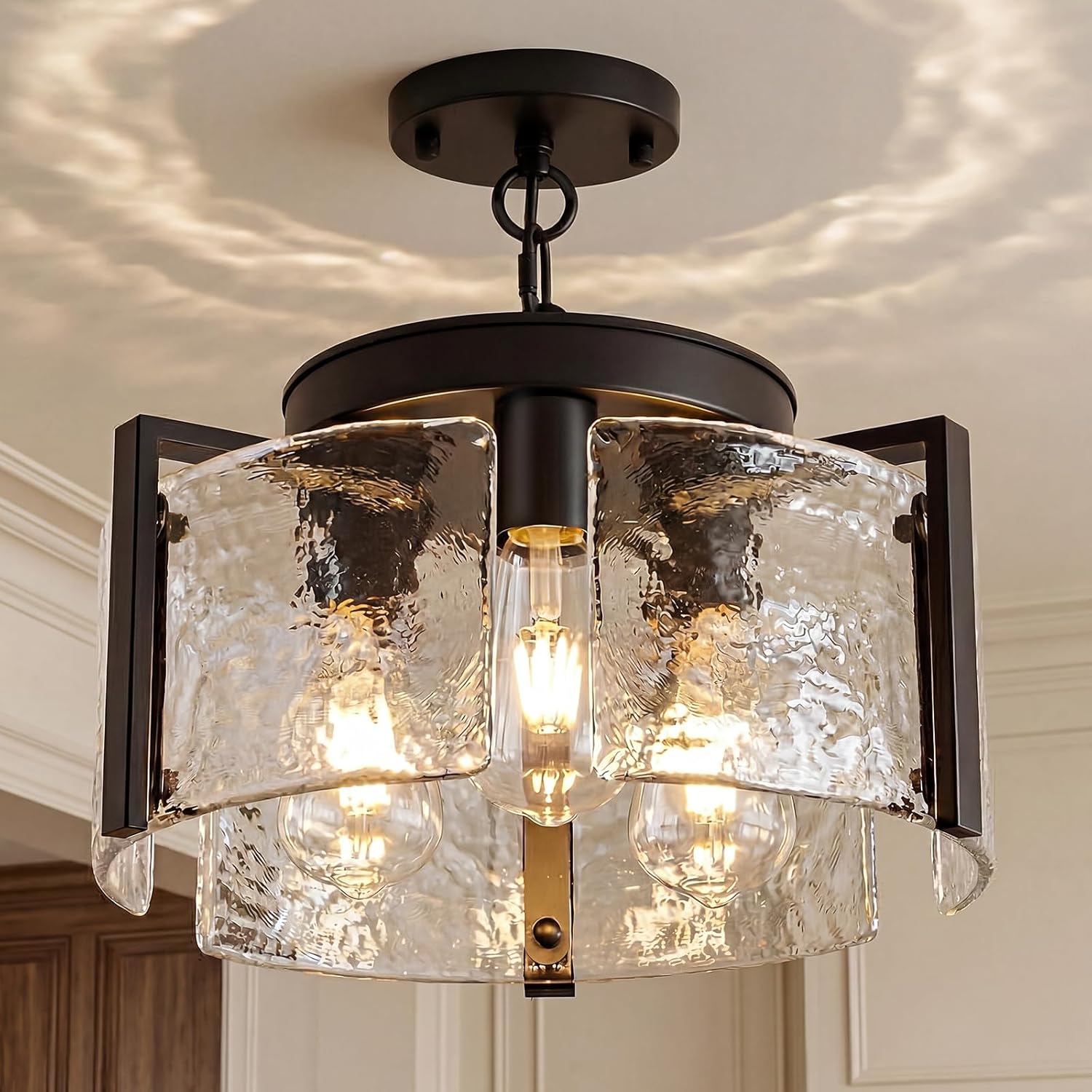 Black Chandelier for Dining Room, 14 Inch 3-Light 2-in-1 Convertible Pendant and Flush Mount with Drum Textured Glass, Modern Farmhouse Light Fixture for Kitchen Island, Entryway, Foyer, Living Room