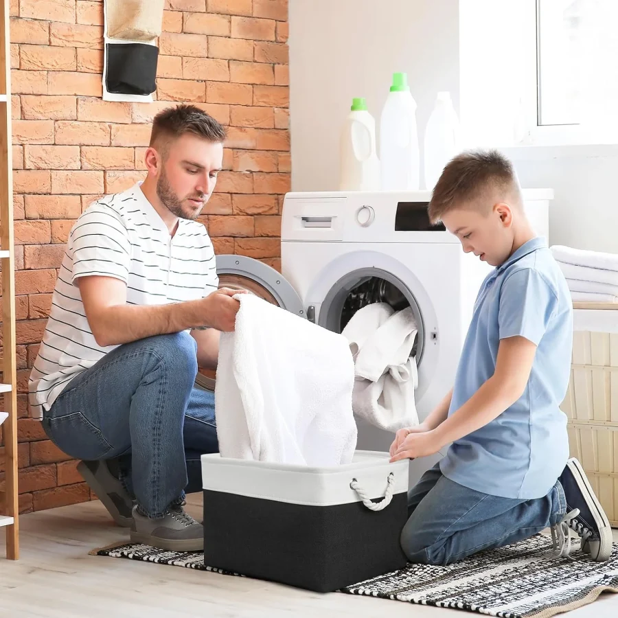 The Storage Basket for Gifts Empty - Large Cubes 3 Pack 16x12x12 inch Storage Bins for Organizing Book Cloth Bathroom Toy (White & Black)