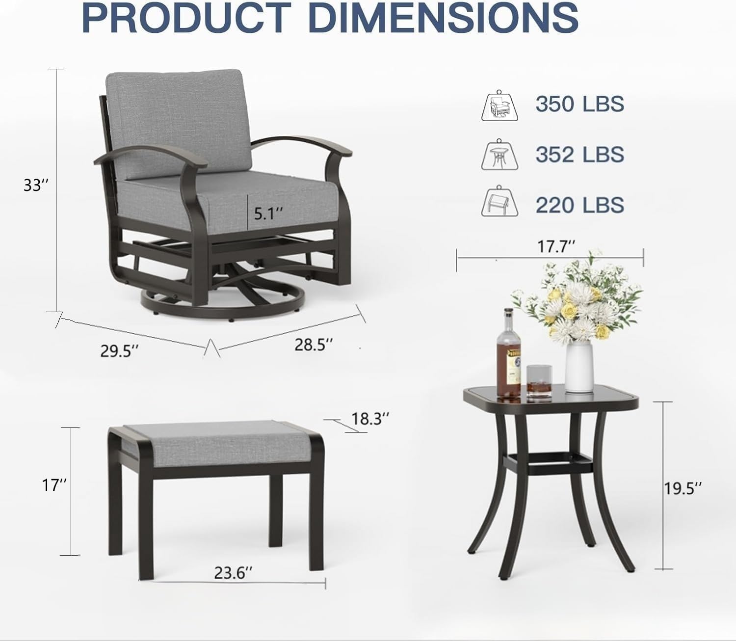 5 Piece Aluminum Swivel Rocking Chair Set, Outdoor Patio Swivel Gliders Chair with Coffee Table and Ottomans, Conversation Furniture Set Suitable for Patio, Lawn, Outdoor, Back Garden(Gray)