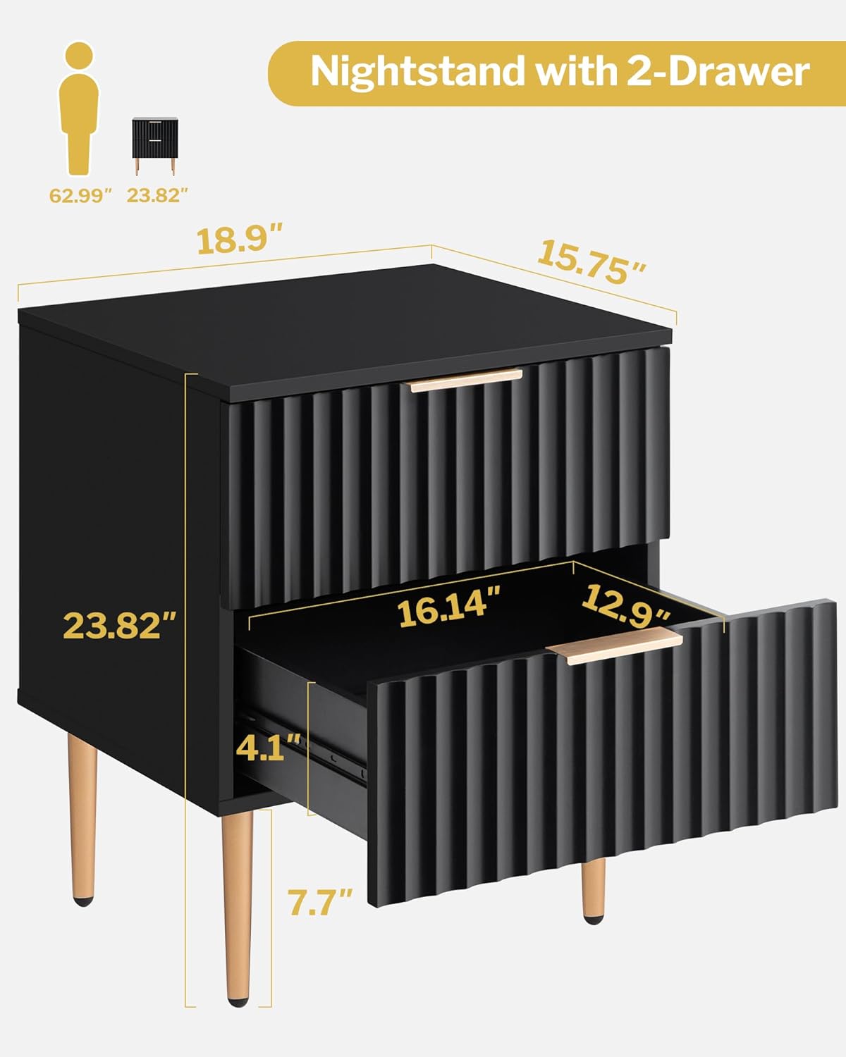 SICOTAS Black Night Stand Set 2, Fluted Glossy Nightstand with 2 Drawers, Wide Modern Storage Bedside Table for Bedroom, End Side Table with Golden Metal Legs and Handles (Black, 1 Piece)