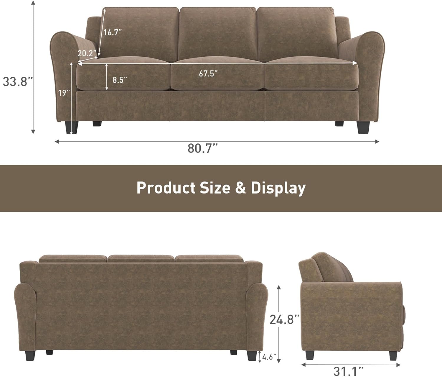 Bonzy Home 2 Piece Sofa Set, 3-Seater Sofa Couch Set of 2, Modern Comfy Sofa with Thick Cushion for Living Room Apartment Office, Brown