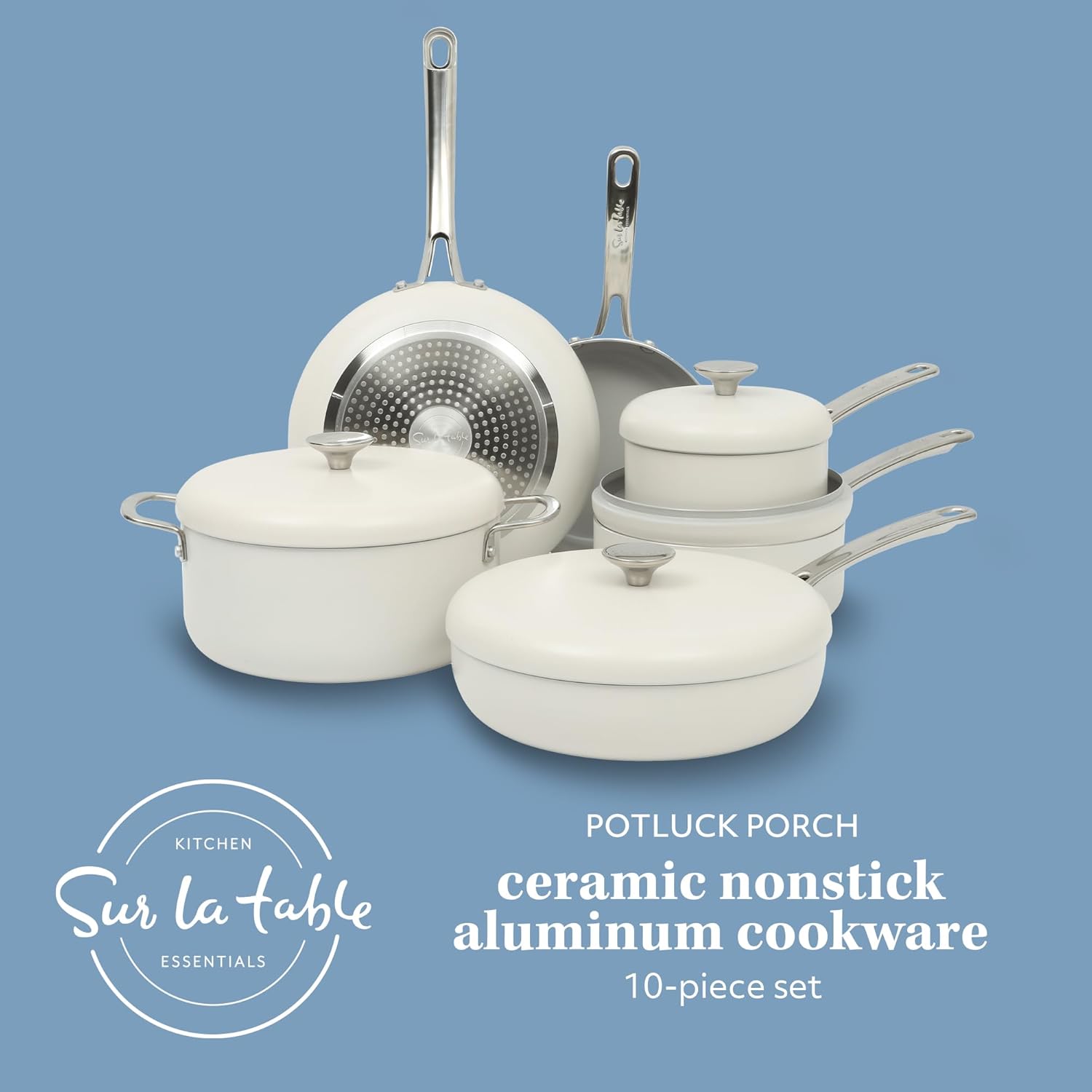 Sur La Table Kitchen Essentials Potluck Porch 10 Piece PFA Free Ceramic Non stick Interior Forged Aluminum Cookware Pots and Pans Set W/Aluminum Lids - Linen White - Induction Compatible