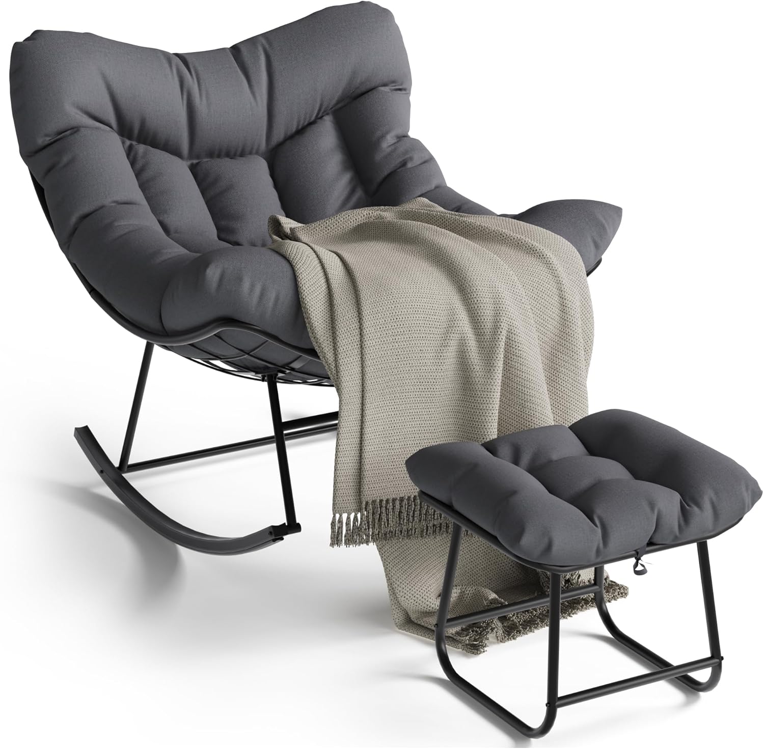 Nursery Rocking Chair Set with Ottoman, Soft Padded Indoor Glider Chair, Sherpa Upholstered Accent Chair with Metal Frame for Bedroom Reading, Gray
