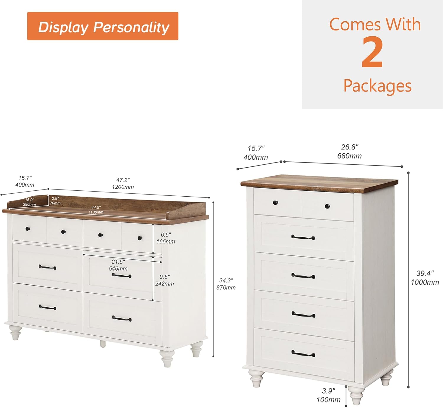 WAMPAT Dresser for Bedroom Set of 2, 1 Dresser for Kids Bedroom with 6 Drawers, 1 Baby Dressers with 5 Wide Chest of Drawers, Modern Wooden Closet Storage Organizer for Living Room, Nursery, Hallway