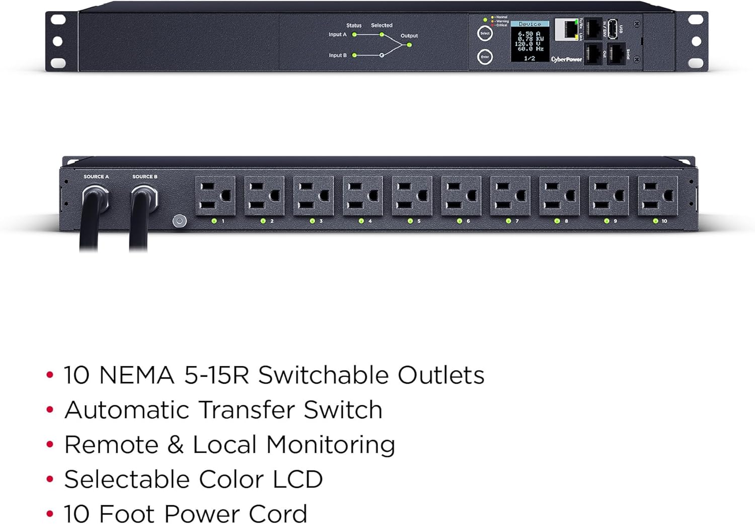 CyberPower PDU44001 Switched ATS PDU, 100-120V, 15A (Derated to 12A), 10 Outlets, 1U Rackmount