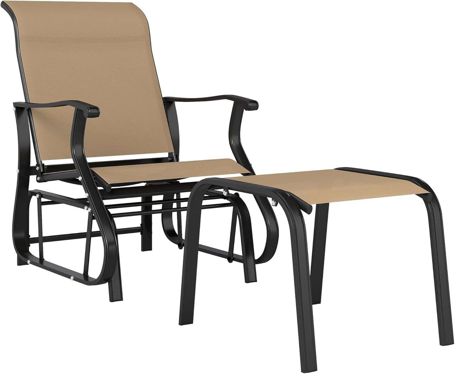 Outdoor Glider Chair with Ottoman - 2-Piece Patio Seating Set, Steel Frame & Breathable Mesh, Adjustable Smooth Gliding Rocker for Garden, Lawn, Porch (Tan)
