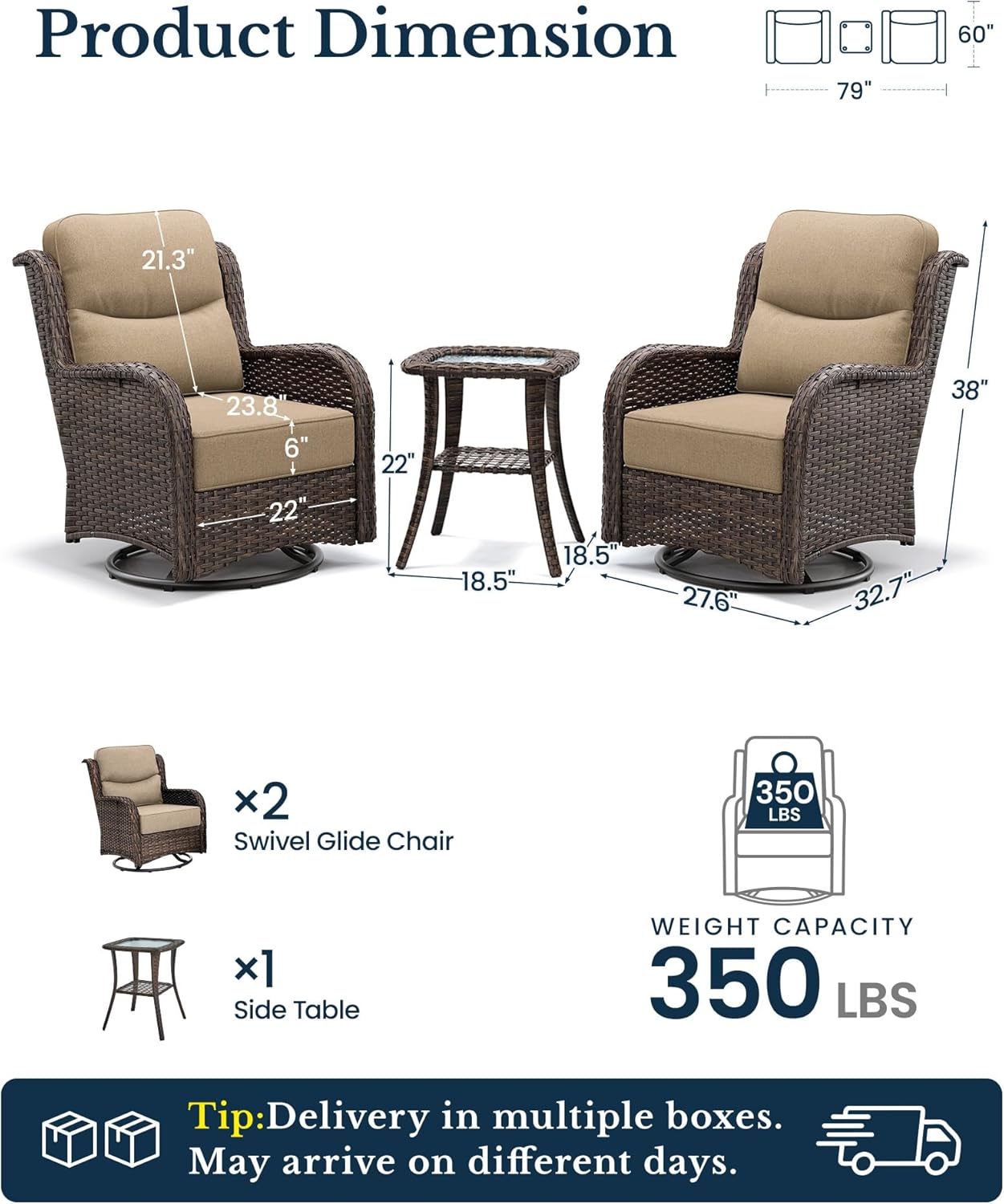 HILLGA 3-Piece Luxury Patio Furniture Set with 6