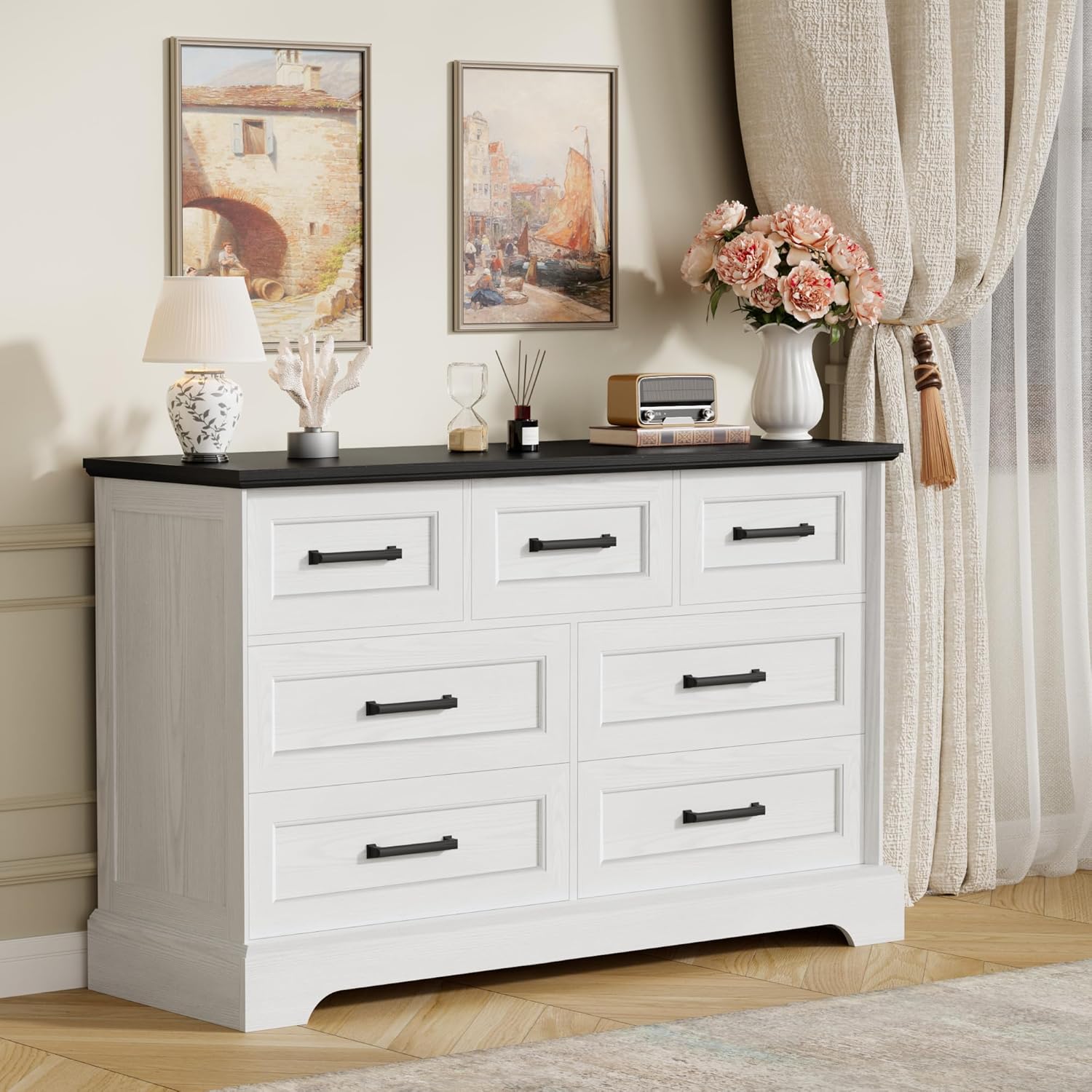 Furmax Farmhouse Dresser for Bedroom, 7 Drawers Dresser, Wood Chest of Drawers, 47.5