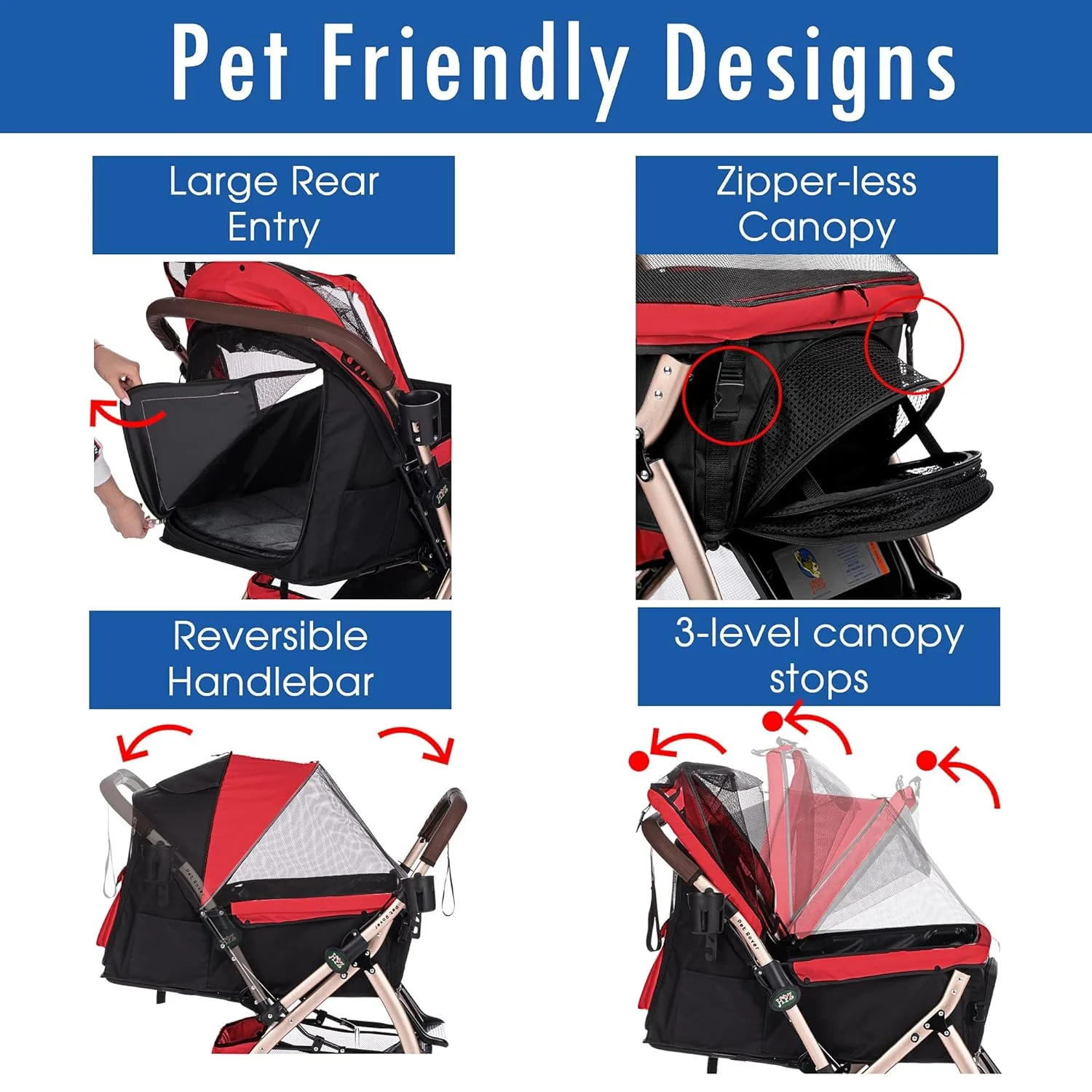 Pet Rover Premium Heavy Duty DogCat Stroller Travel Carriage CompartmentZipperless EntryPump-Free Rubber Tires Small, Medium, Large Pets (Black 2nd-Gen.), X-Large (Pack of 1)