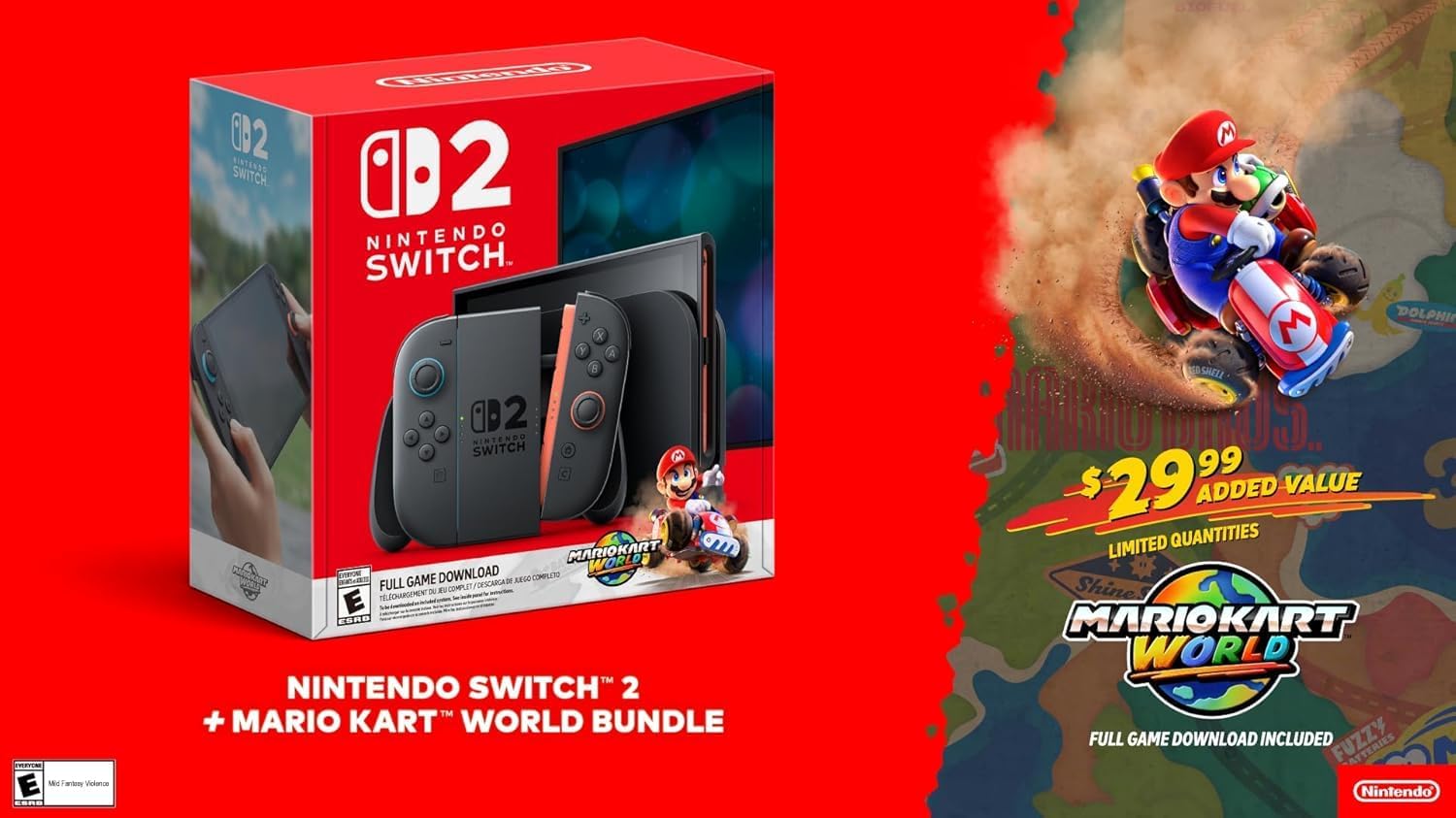 Nintendo Switch 2 + Mario Kart World Bundle with Bonus HDMI Cable & Screen Cleaning Cloth