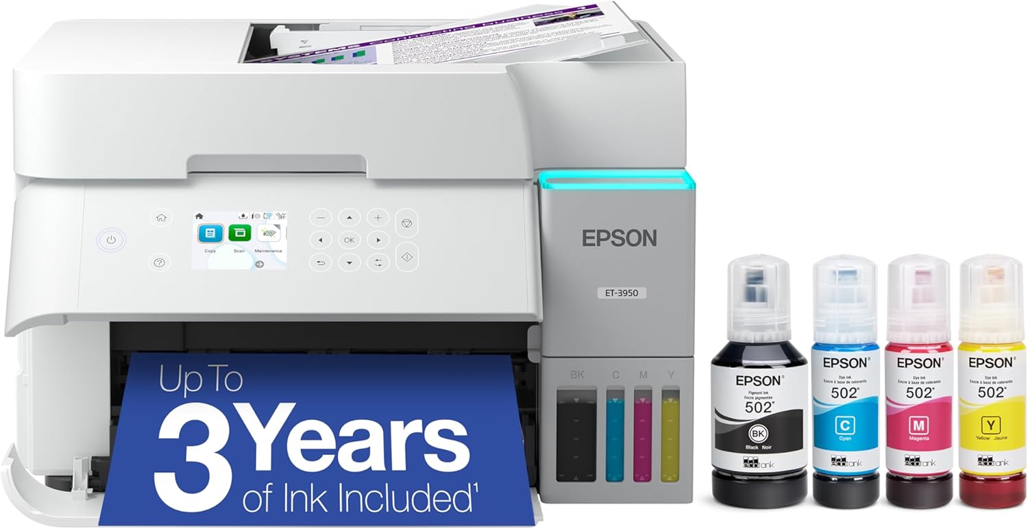 Epson EcoTank ET-3950 Wireless All-in-One Color Supertank Printer with up to 3 Years of Ink Refillable Tanks, Perfect for Home Office, 18 PPM, 2.4
